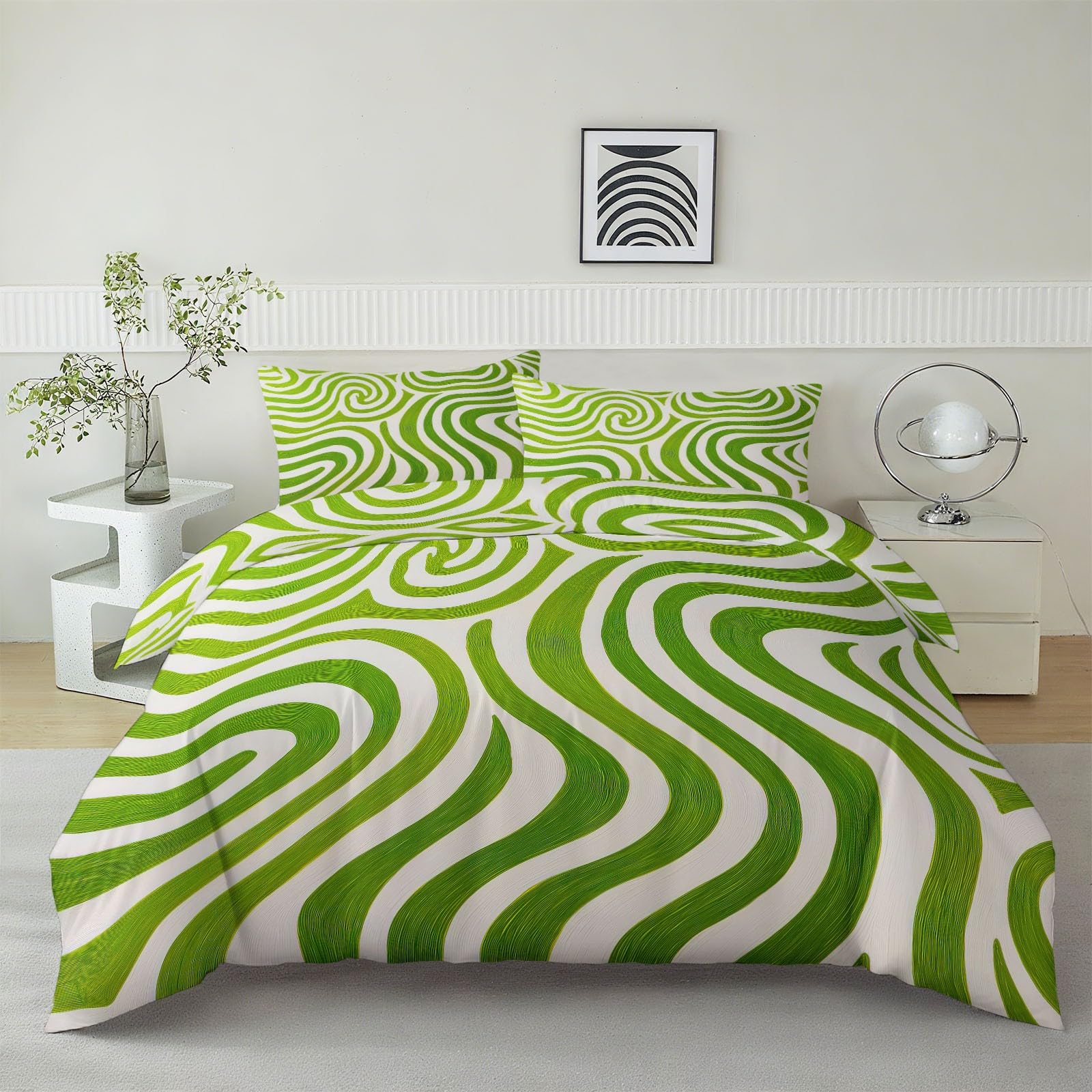 Generico Set Copripiumino Matrimoniale Strisce Ondulate Verdi Astratte 150 x 220 cm - Parure Letto con Motivo Stampato Morbida e Confortevole, Copripiumino Bianco-Verde Traspirante con Federe