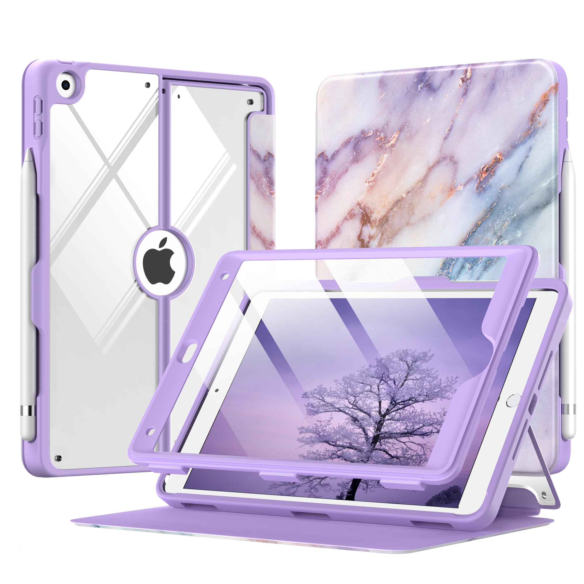 MoKo Case for iPad 9th Generation with Pencil Holder, iPad 8th/7th Gen Case 10.2-inch, Built-in Screen Protector Clear Back, Stain Resistant Multi