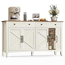 VASAGLE Credenza Cucina, Mobiletto con Cassetti, Mobile con Ante e Ripiani Regolabili in Altezza, Stile Farmhouse, per Soggiorno Sala da Pranzo, 40 x 140 x 80 cm, Bianco Rustico e Noce Medio BBK381W02