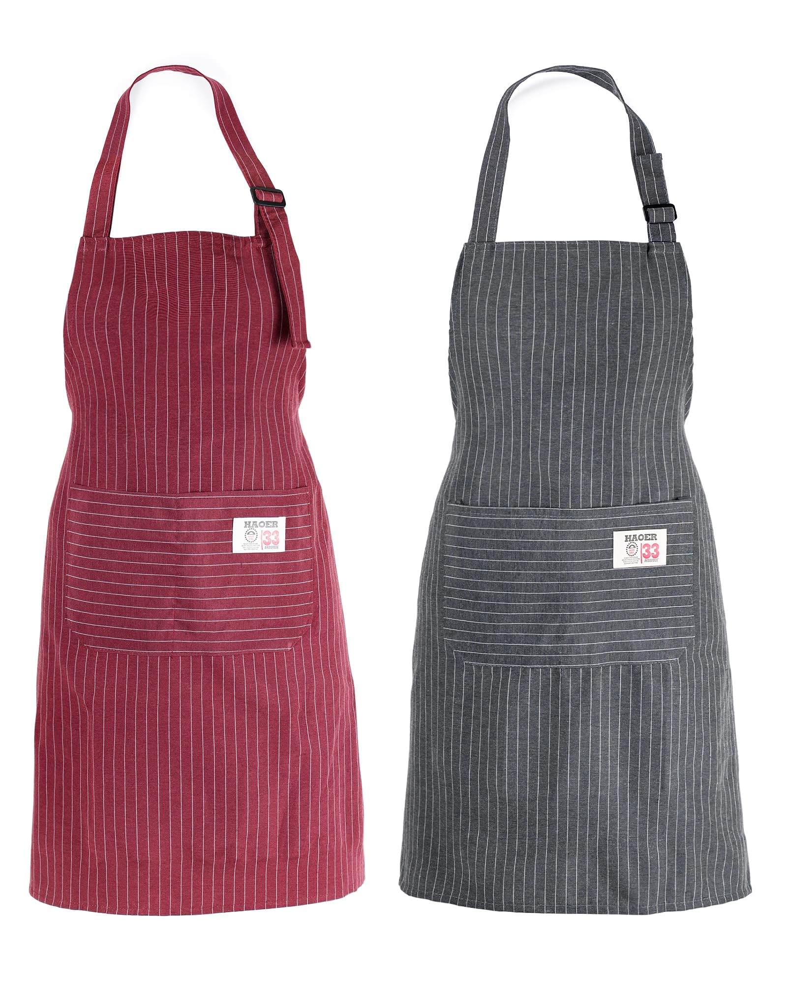 Huglux Unisex Adjustable Bib Apron, 2 Pcs Apron with 2 Pockets Cooking Kitchen Chef Aprons, Kitchen Apron for Women Men, Cooking Baking BBQ Gardening Home & Cafe (Grey & Red)