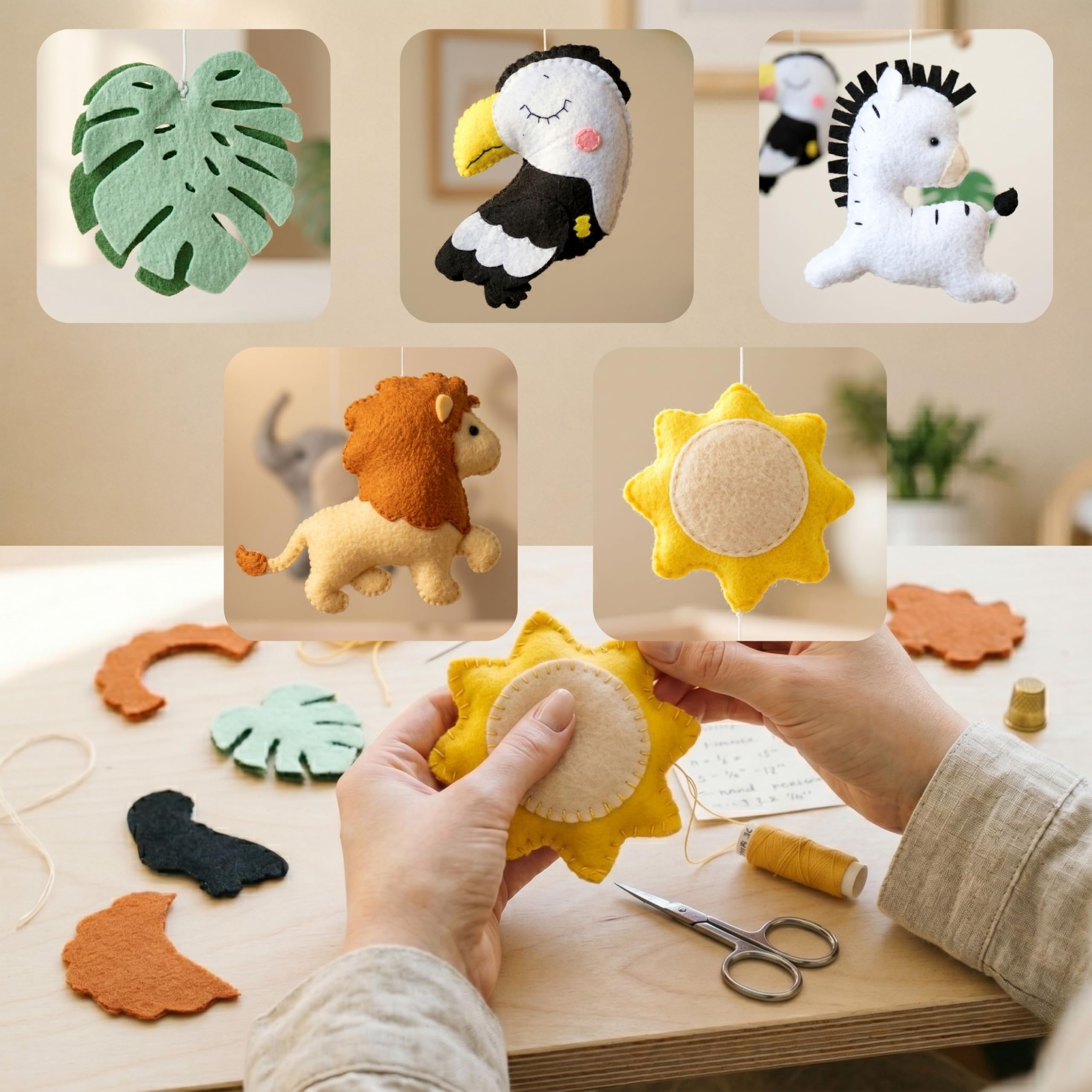 Giostrina per culla con elefante, zebra, leone, tucano, in feltro, fatta a mano, con 12 ninne nanne nella giungla, con 12 ninne nanne, idea regalo decorativa per la cameretta dei bambini