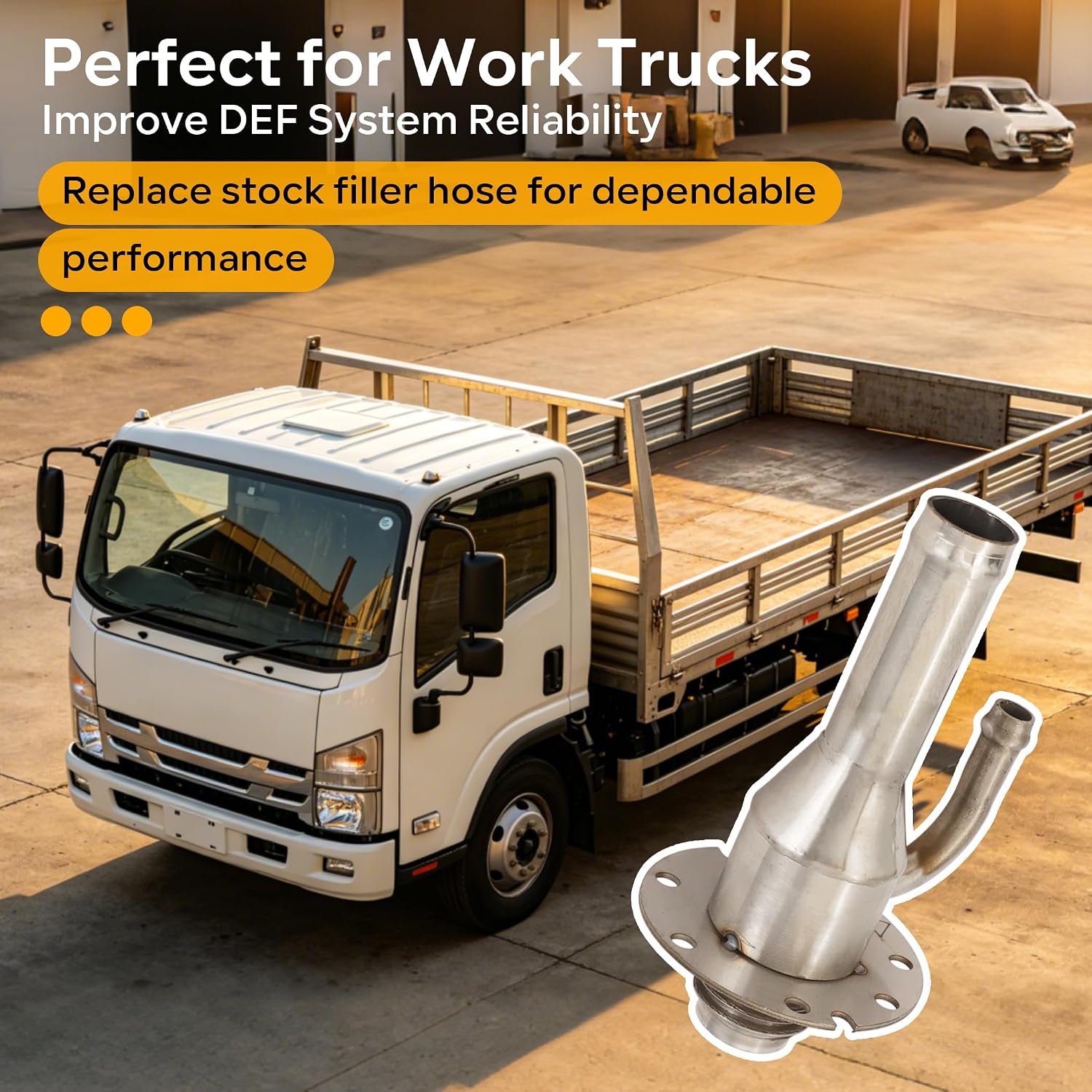 DEF Fluid Filler Neck Fitting for Flatbed or Service Body Trucks – Stainless Steel TIG Welded, 1/2" OD Vent Tube, 1" OD Supply Tube, Compatible with Ford Style DEF Cap