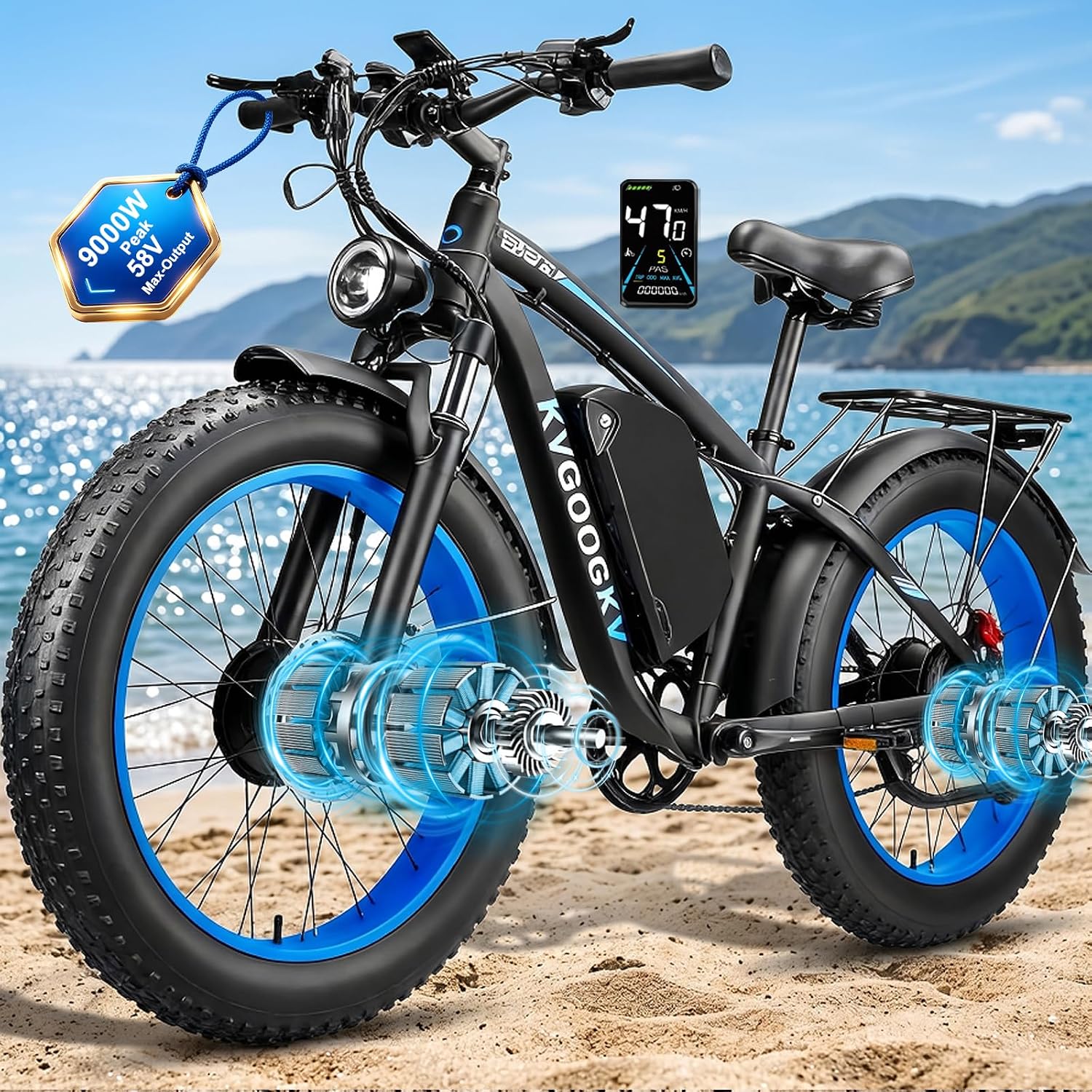 9000W Peak Dual Motor Ebike for Adults 47 MPH Fast Electric Bike, 58V Max-Output 1972 Wh Up to 105 Miles Ebikes,24" Fat Tire E-Bike,Front Suspension Electric Bicycle for Mountain Commuter Snow