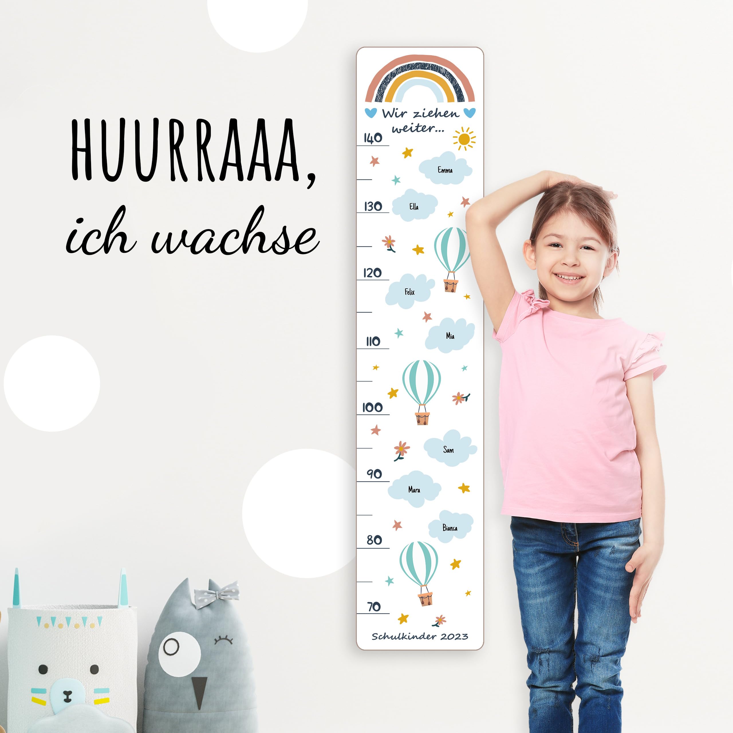 Holzura Messlatte aus Holz Personalisierbar mit Kindernamen, Wolken Design, Abschiedsgeschenk für Erzieher