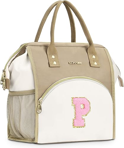 Miniatura 8 de UTOTEBAG Lonchera con inicial para mujer, lonchera aislada con bolsillo frontal, pequeña y abierta, bonita bolsa enfriadora para el trabajo, viajes,