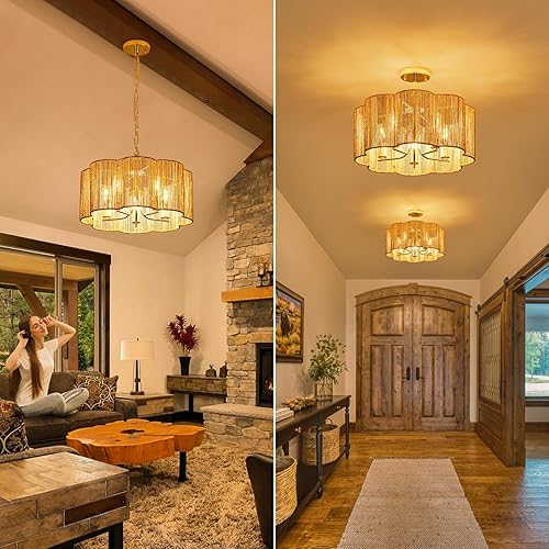 Miniatura 8 de Lámpara de techo de ratán tejida lineal 2 en 1 de 5 luces de 19.6 pulgadas, montaje empotradocolgante convertible para isla de cocina y comedor,