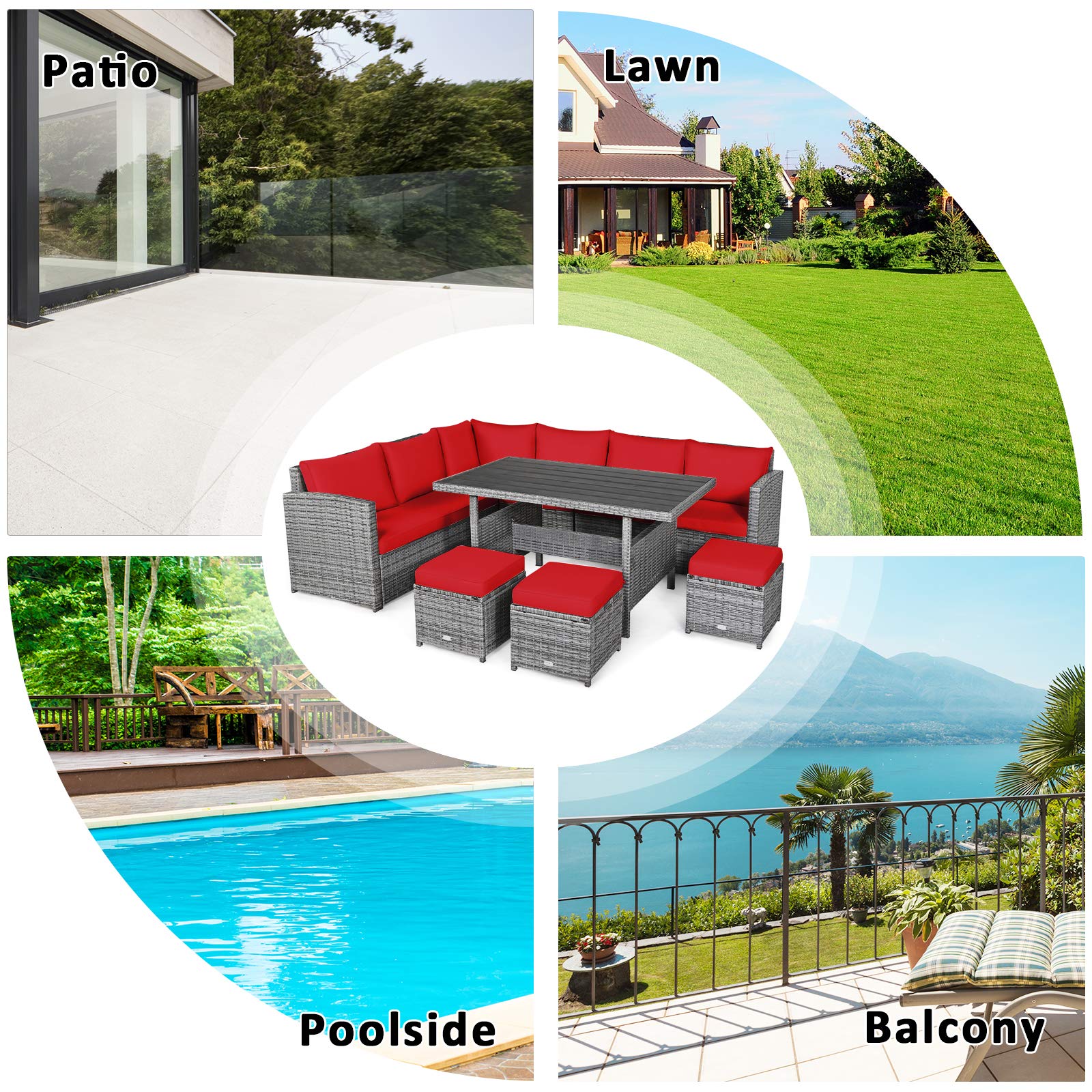 Juego de 7 muebles para patio, sofá seccional con cojines, juego de sofá conversación de mimbre para todo tipo de clima, mesa y otomanas para patio trasero, jardín, área de alberca. 7