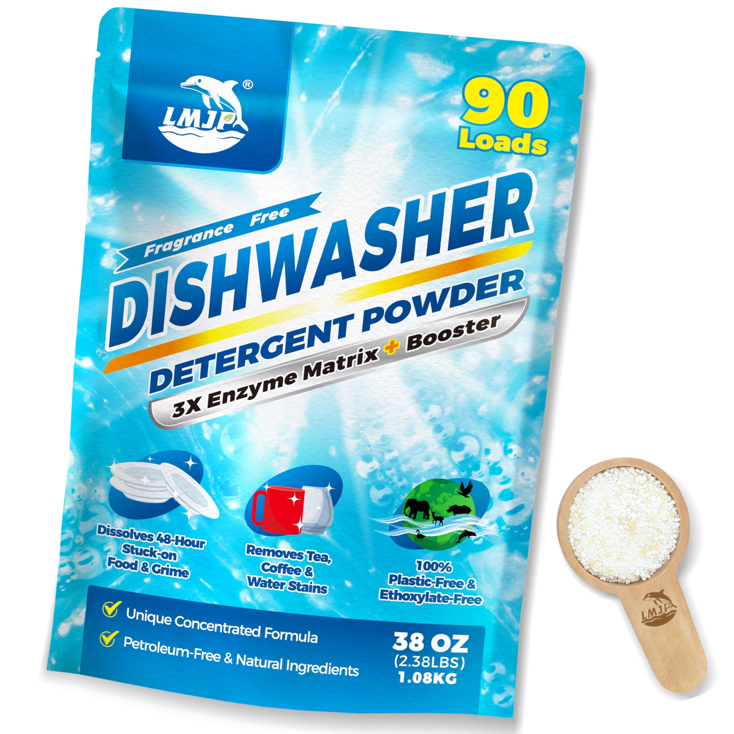LMJP Dishwasher Detergent Booster - 90 Loads Plastic Free Natural Cleaner Concentrated Dish Soap with Enzymes - Cuts