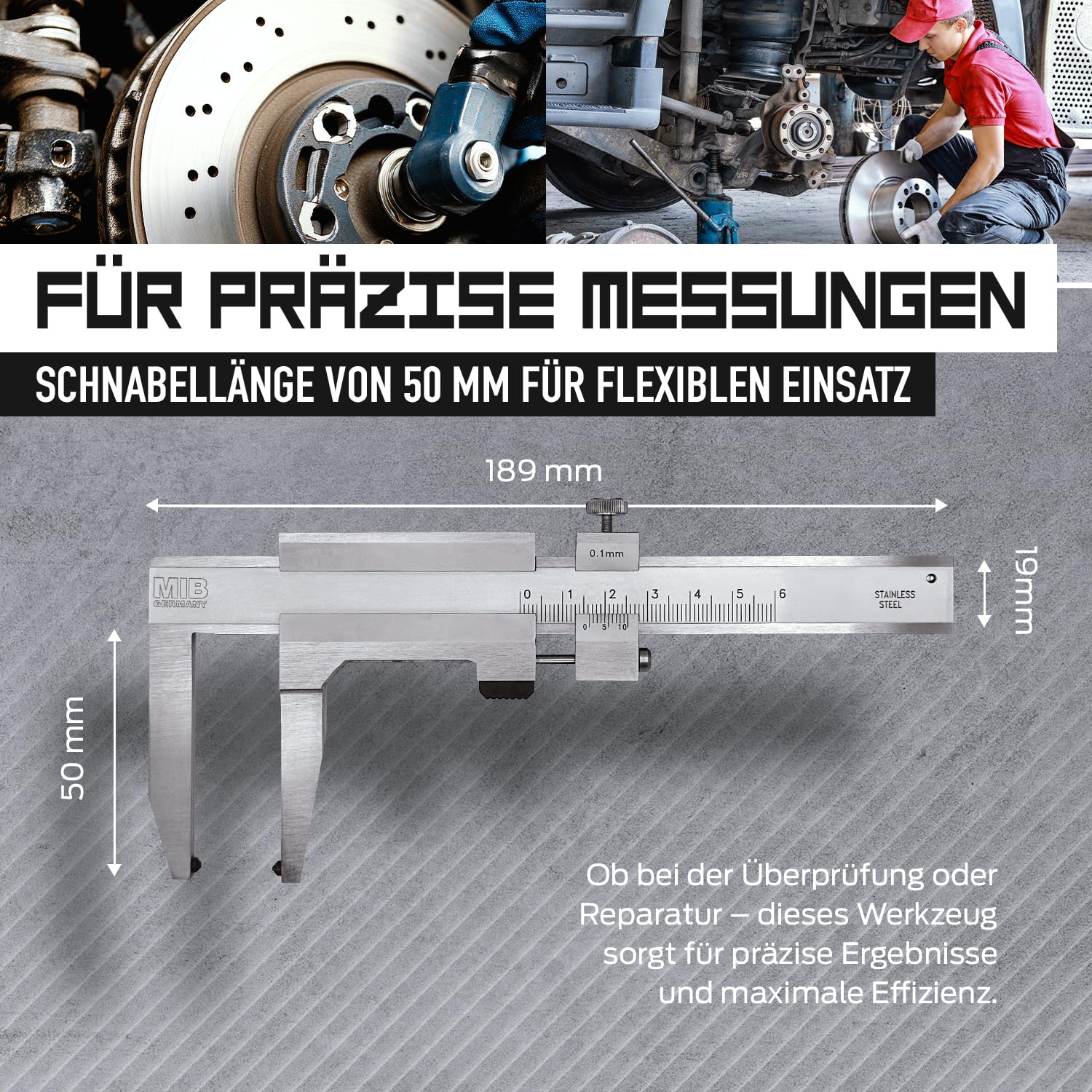 MIB Bremsscheiben-Messschieber | Präzise Bremsscheiben-Prüflehre 50mm | Messwerkzeug für Messlehre | Caliper | Schieblehre Metall | Rostfreier Stahl | Nonius 1/10 mm | Mattverchromter Ablesebereich