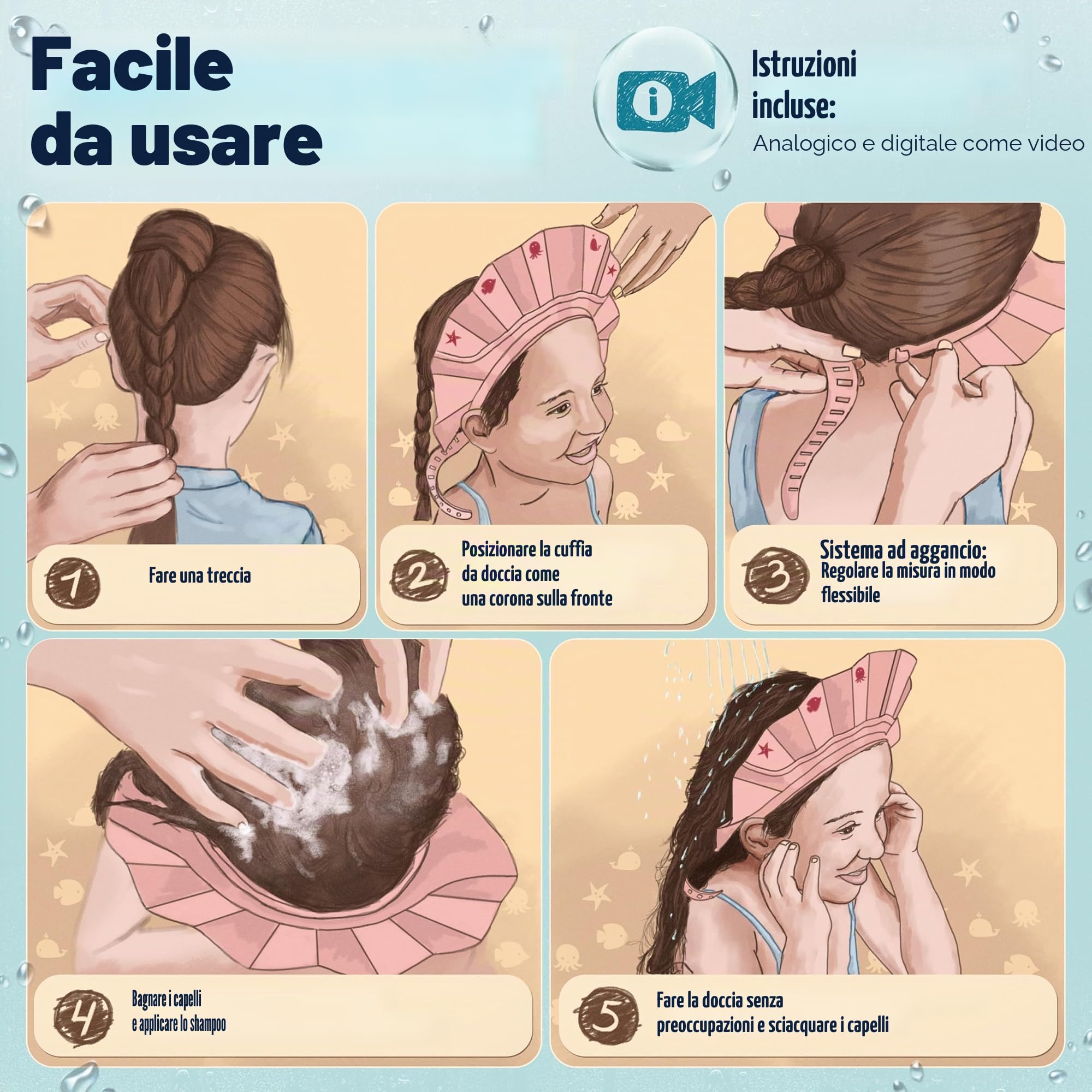 Cuffia da doccia per bambini, estremamente impermeabile e confortevole, aiuto per il lavaggio dei capelli per bambini, con tecnologia di chiusura extra leggera
