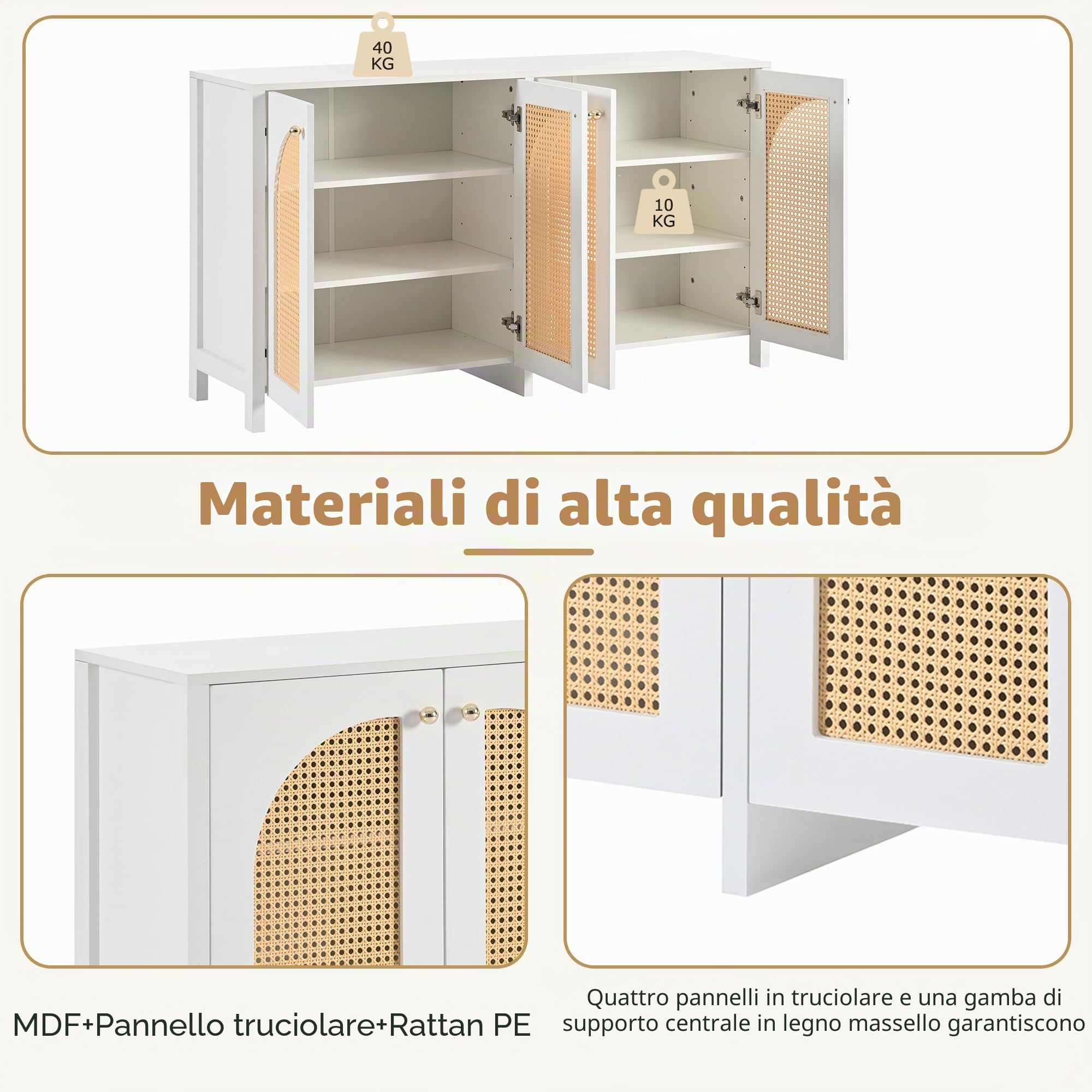 Azkoeesy Credenza con 4 ante in rattan, maniglie in metallo dorato, 145x40x80 cm, ripiani regolabili, minimalista, armadio da cucina/soggiorno, bianco
