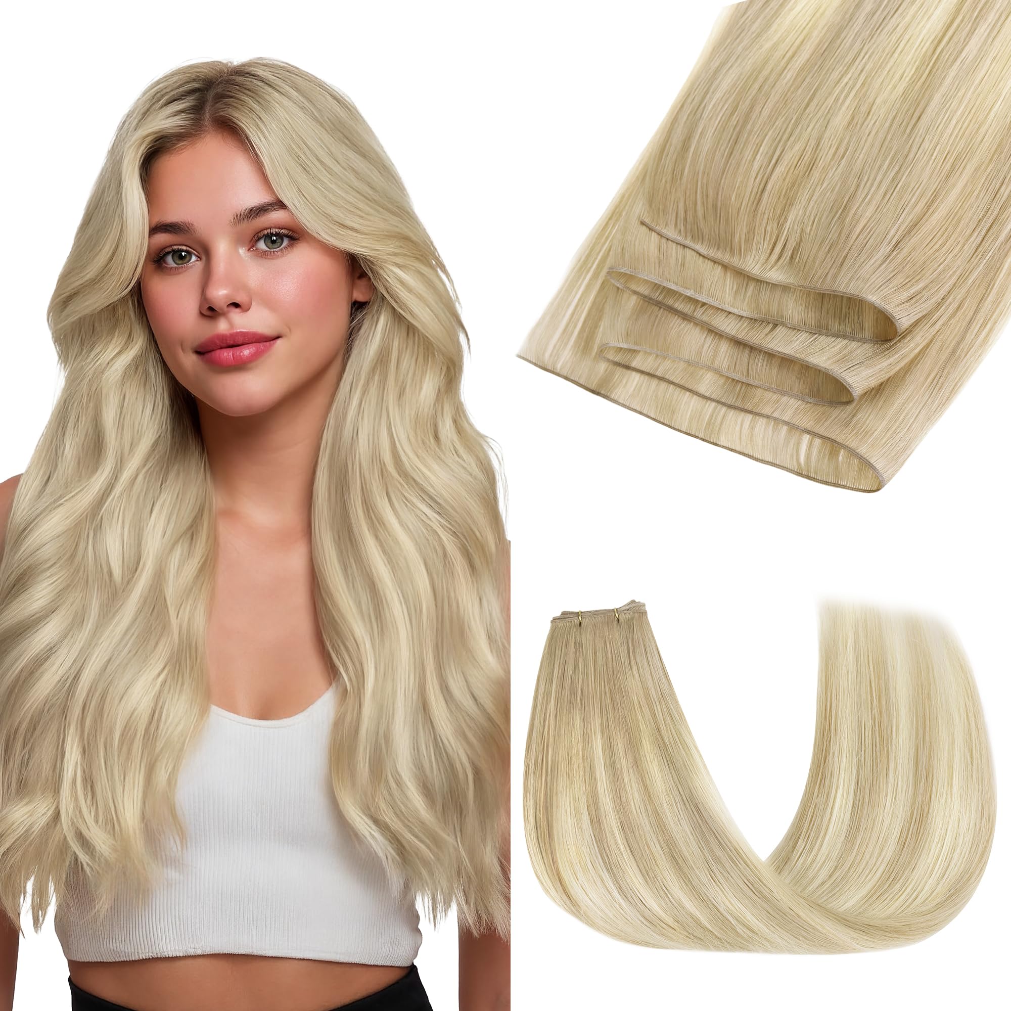 GOO GOO Genius Weft Hair Extensions Human Hair, Sew In Hair Extensions Rooted Remy Weft, 18ET90A Natural Blonde Balayage 22inch 60g, Hand Tied