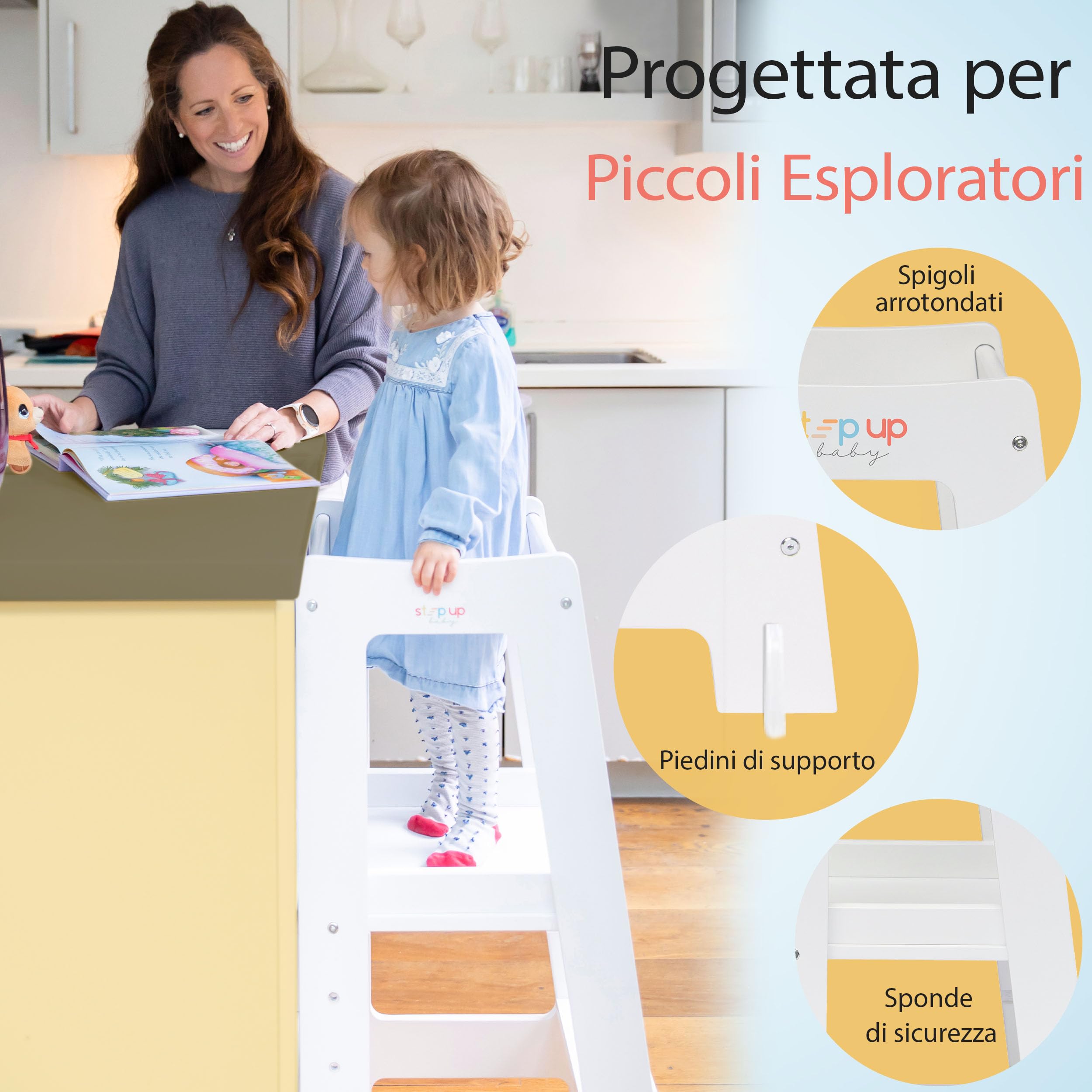 Stepup Baby Torre Montessoriana 3 Altezze Regolabili Torre di Apprendimento Ringhiera Sicurezza Bianco