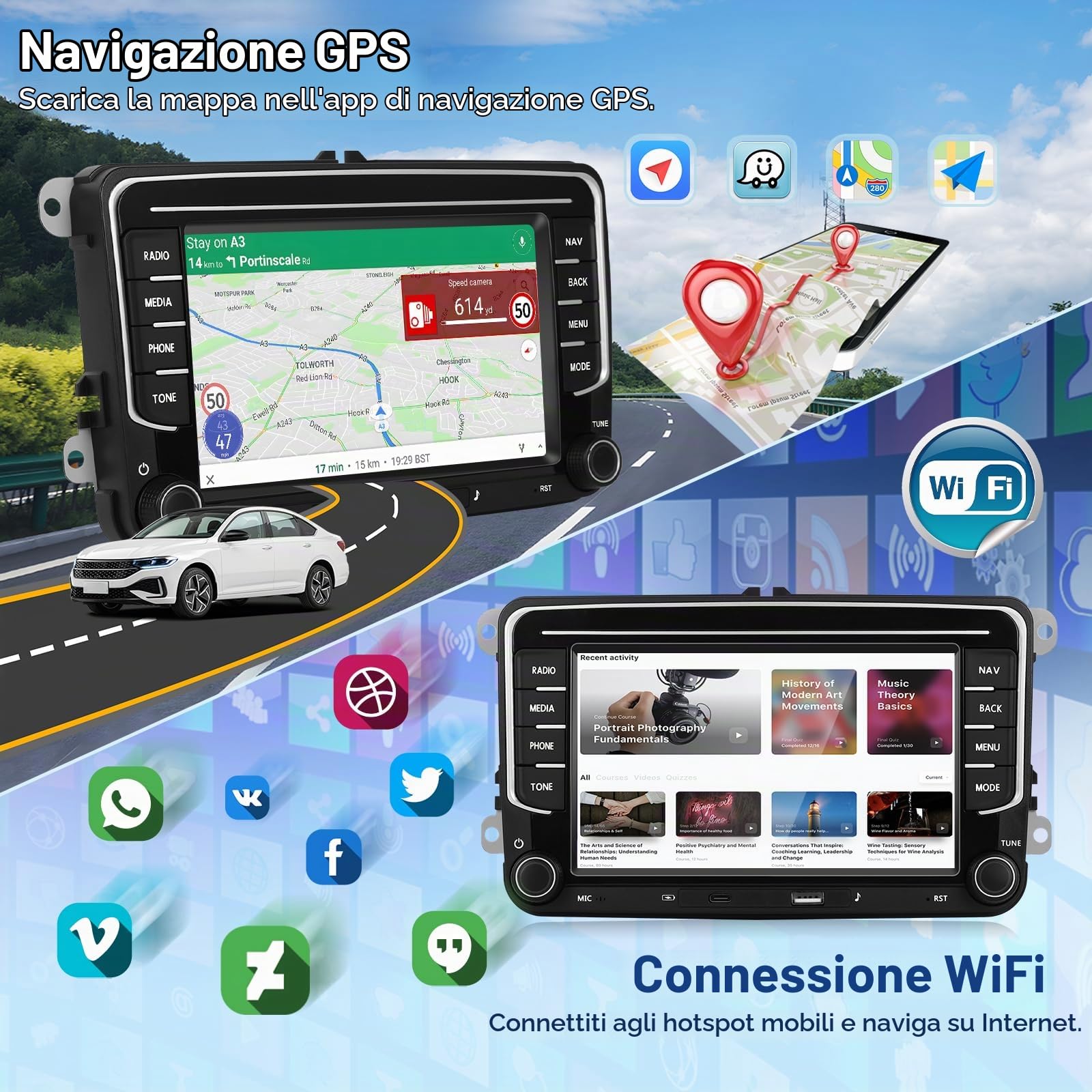 Autoradio Apple CarPlay 4G+64G per VW/Seat/Skoda/Passat/Golf/Polo, CarPlay Wireless e Android Auto, Touch Screen HD da 7", 2 DIN, Bluetooth, GPS/SWC/FM/RDS/USB, Telecamera per la retromarcia AHD, Mic