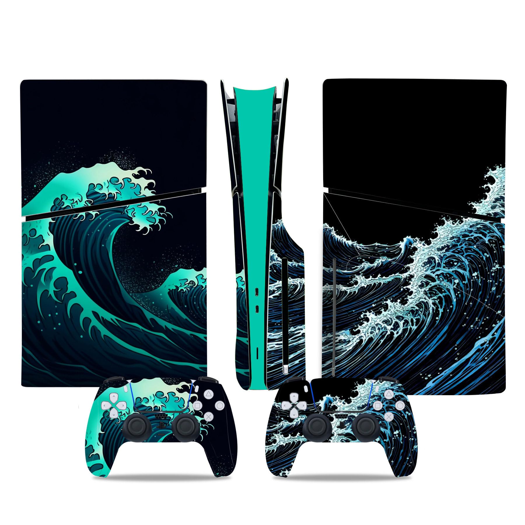 Skin Sticker Compatible with PS5 Slim Console and Controller Vinyl Decal Protective Sea Wave Design Cover Wrap for