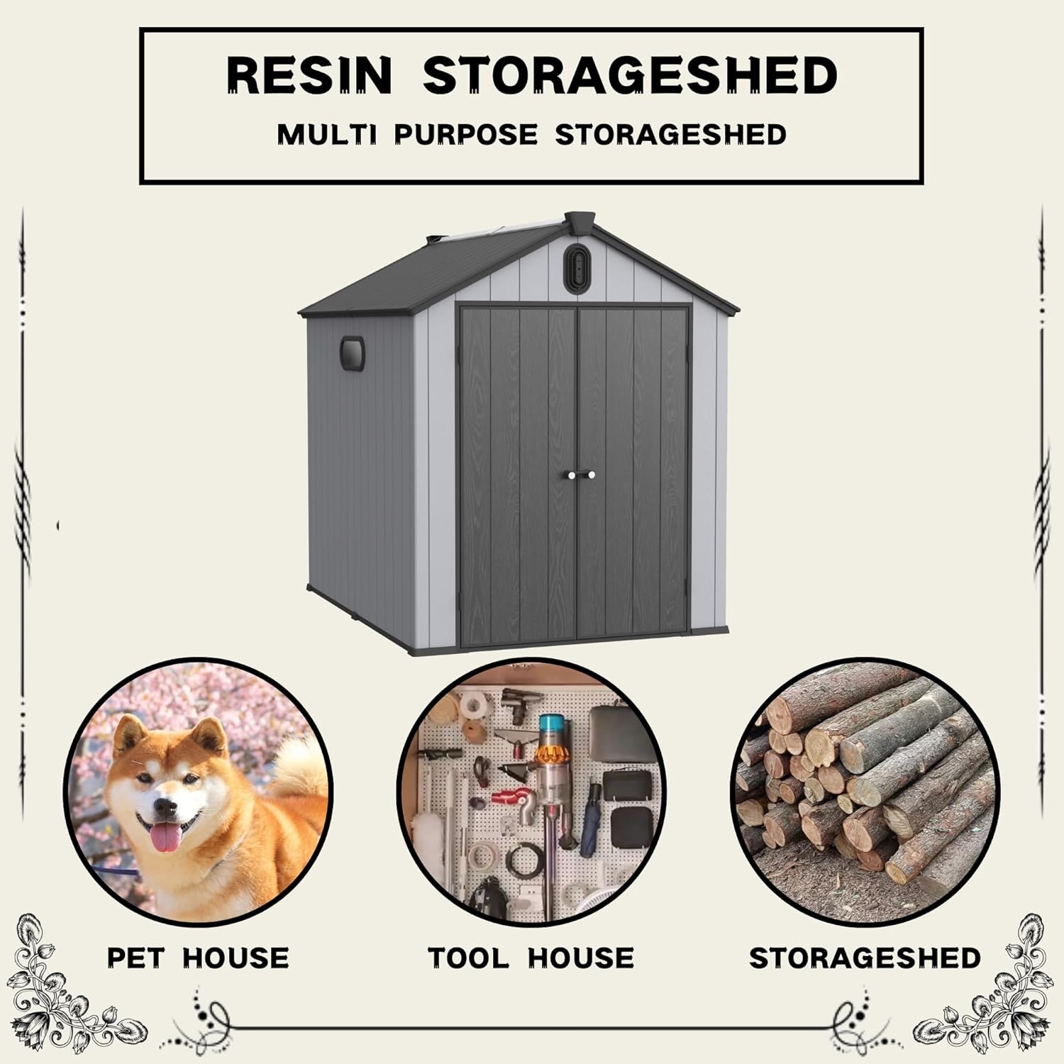 6x8 ft Outdoor Resin Storage Shed with Floor and Windows, Waterproof Plastic Garden Shed with Lockable Door and Air Vents, All-Weather Tool Sheds for Backyard, Patio, Lawn (Black+Grey)
