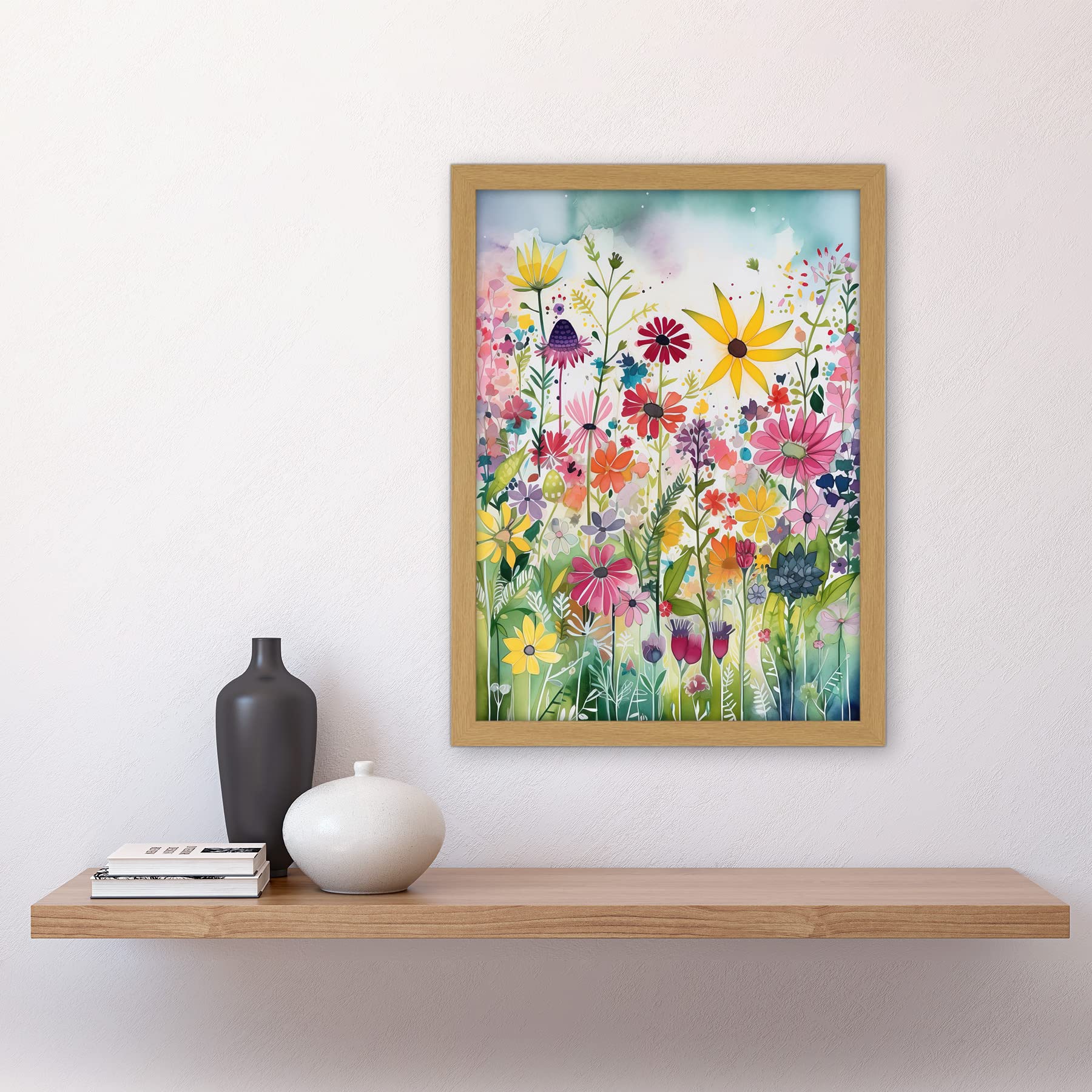 Artery8 Bright Wildflower Floral Blooms Folk Art Artwork Framed A3 Wall Art Print, Framed Light Oak A3, 45.5L x 33W cm - Image 2