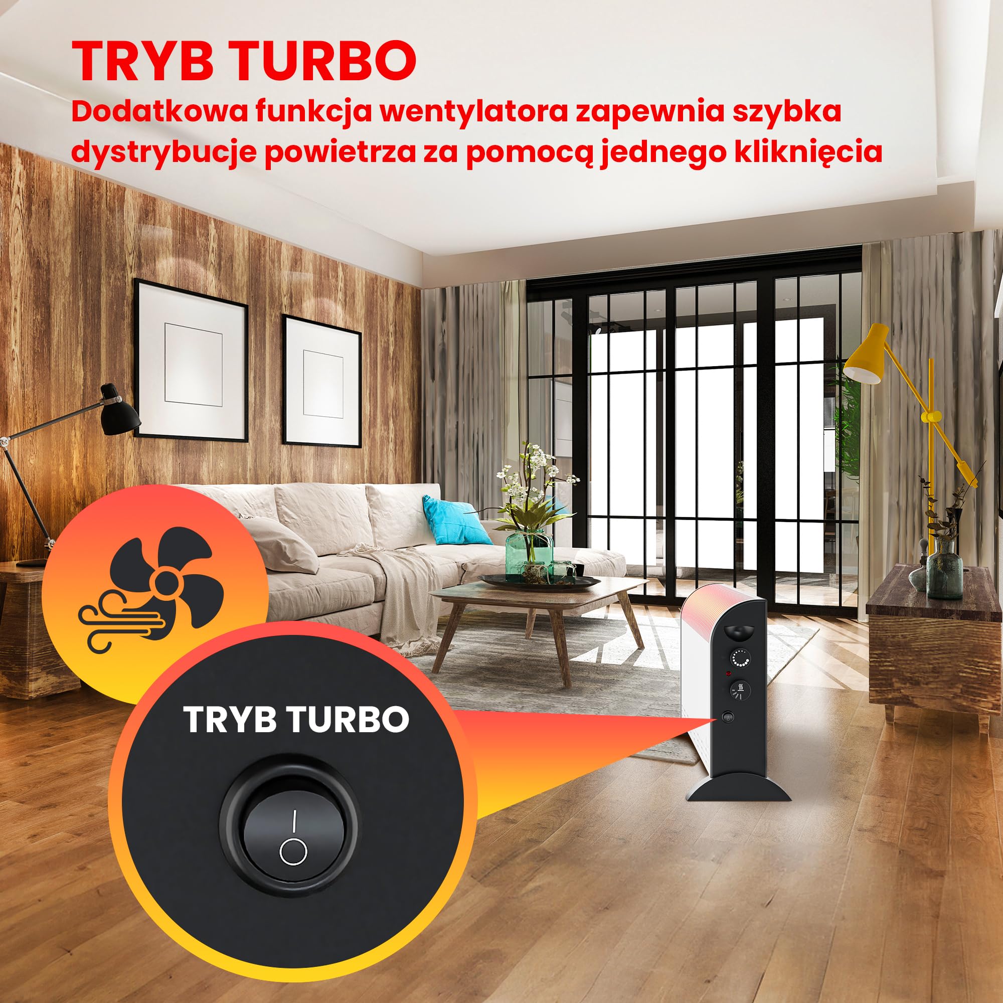 Grzejnik elektryczny 2000W, 3 tryby grzania, tryb turbo, grzejnik konwektorowy, termostat, wentylator, ogrzewanie elektryczne, Kompaktowy rozmiar, Zabezpieczenie przed przegrzaniem, Wyłącznik ochronny