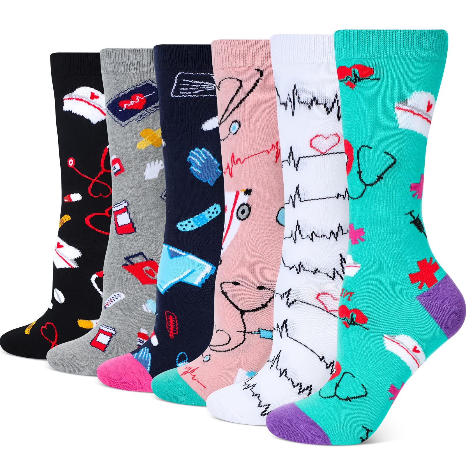 Chuarry6 Pairs Casual Nurse Socks Nursing Gifts Women's Novelty Socks Occupation Funny Medical Socks for Christmas Nurses Doctor Hospital Workers and Students