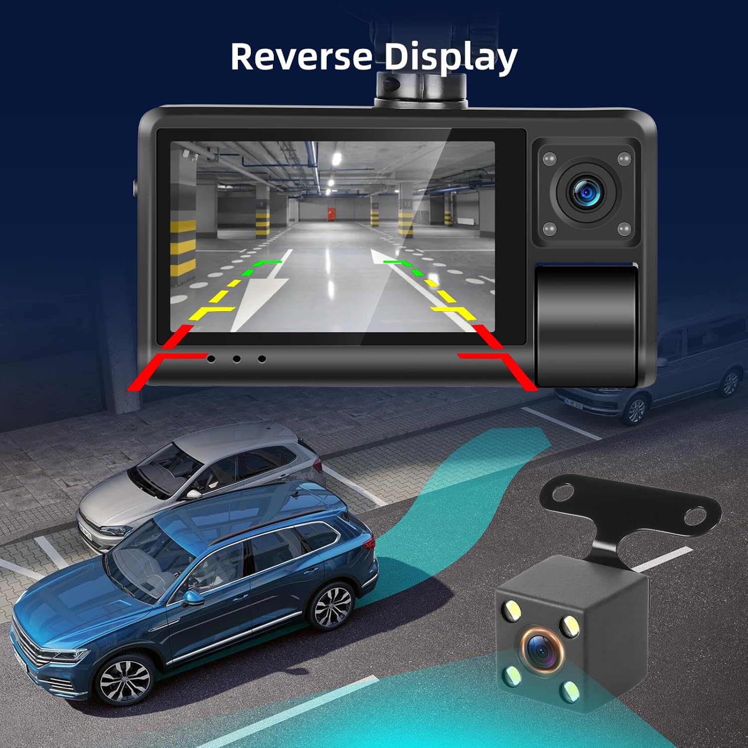 NHOPEEW 3 Channel Dash Cam for Cars, Dash Cam Front and Rear Inside, Bulit-in WiFi: 3 inch IPS Screen, 1080P Triple Dash Camera with 64GB Card, G-Sensor, Loop Record, Night Vision + Rearview Camera