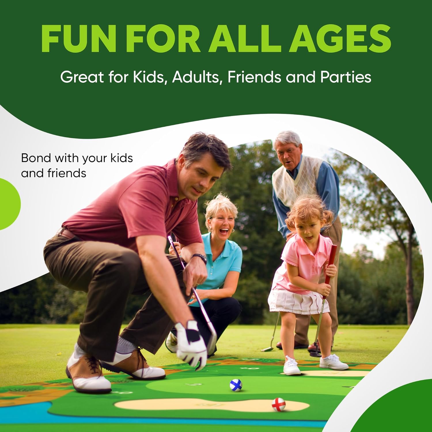 Battle Golf Game - Dual-Sided Mat, Realistic Course Design & Scoring System, Adjustable Height Clubs - Thick Grass-Like Chipping Mat for Indoor/Outdoor Family Golf Activity