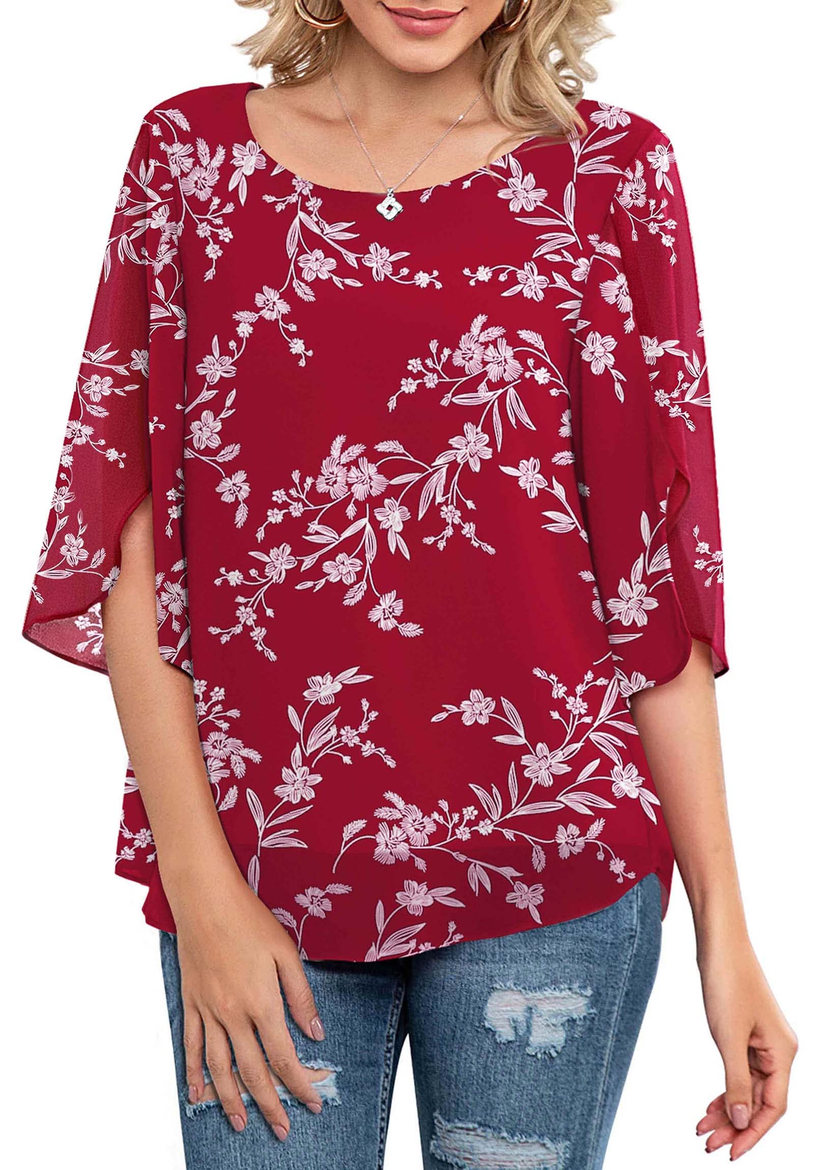 Neineiwu Womens Casual Scoop Neck Loose Top 3/4 Sleeve Chiffon Blouse Shirt Tops