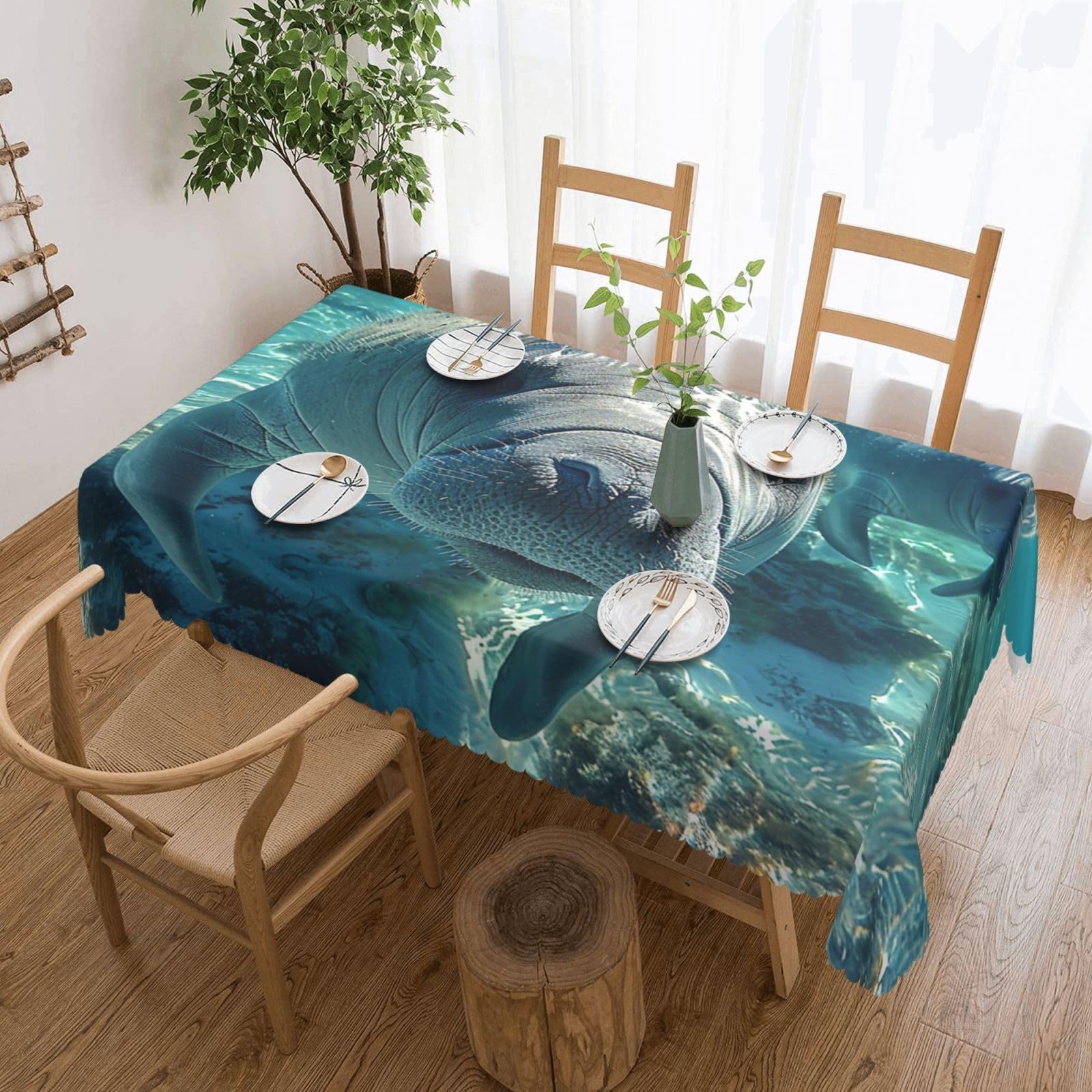 Rectangle Tablecloth 137x183 cm Waterproof Tablecloth for Dining Tables Kitchen Farmhouse Tablecloths Ocean Animal Manatee Table Cloth Wrinkle Free Table Cover for Dining Buffet Wedding Party