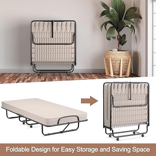 Miniatura 7 de HAPPYGRILL Cama enrollable, cama plegable con colchón de espuma viscoelástica de 5 pulgadas, marco de acero resistente, 4 ruedas universales, cama