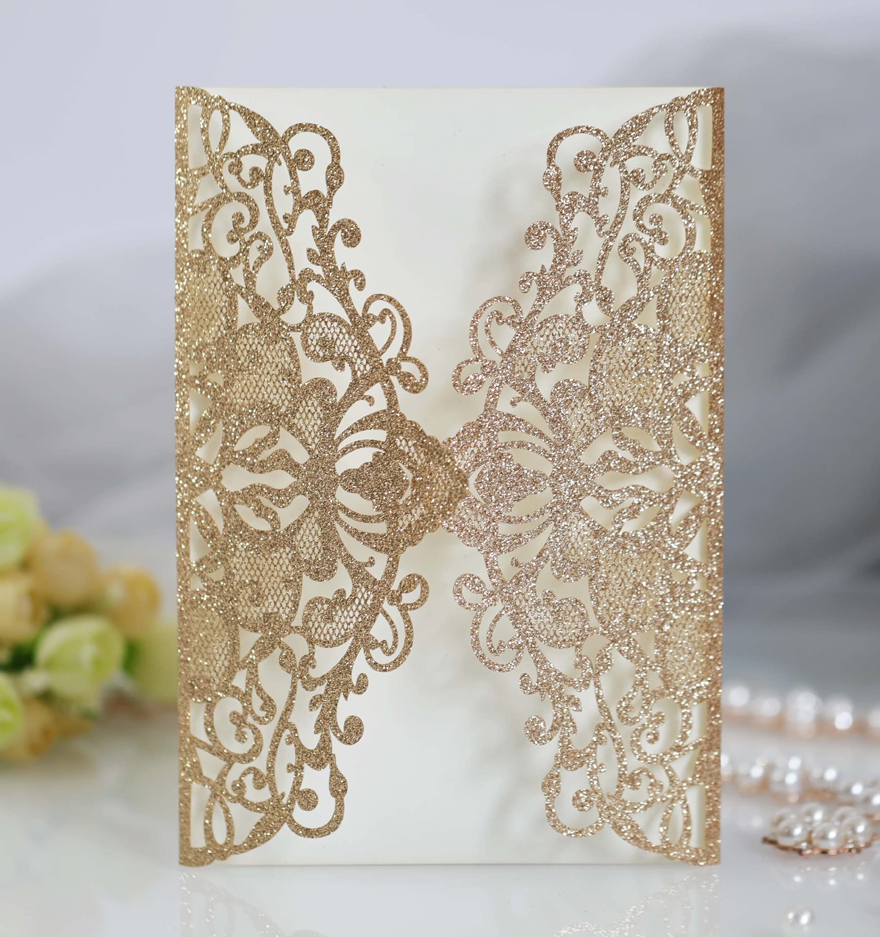 25 Pcs Glitter Floral Laser Cut Wedding Invitation Cards