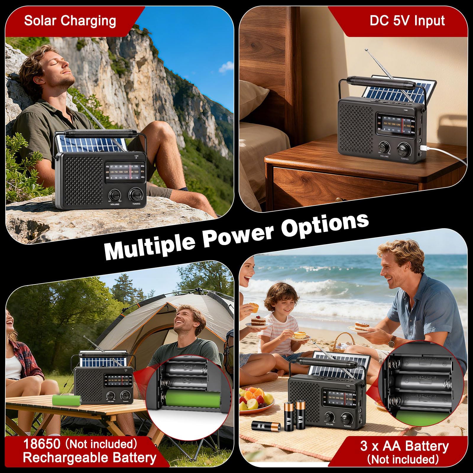 Tendak Radio Portatile, AM/FM/SW Radiolina Portatile con Solare a Rete e a Batteria, Radio Solare con Bluetooth/TF/USB per Uso Domestico/Esterno/Campeggio/Emergenza