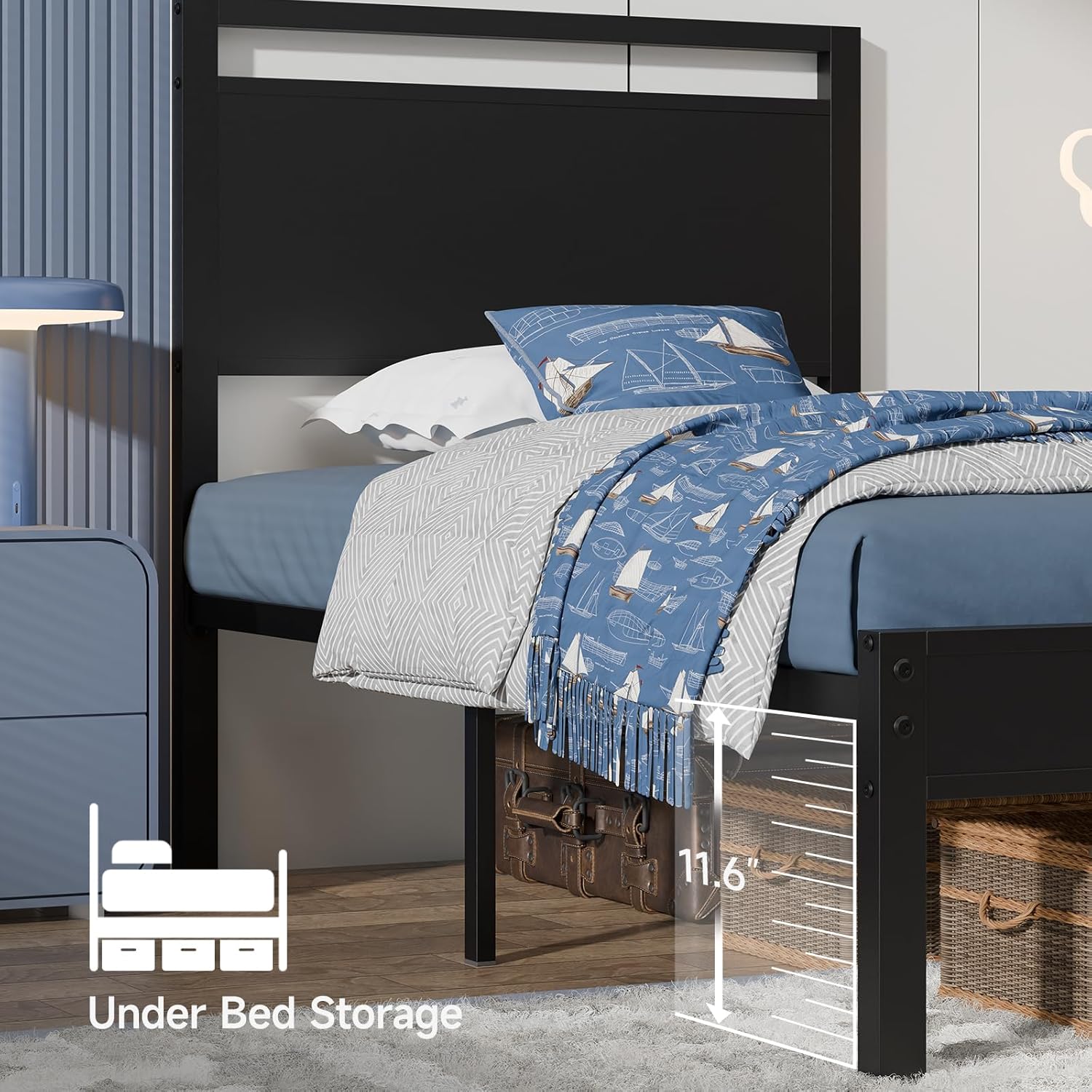 Z-hom Upgraded Twin Bed Frames, Heavy Duty Metal Sturdy Bed Frame Twin Size with Modern Wood Headboard & Footboard, Stable Platform Bed Furniture Bed Storage, No Noise, No Box Springs, Black