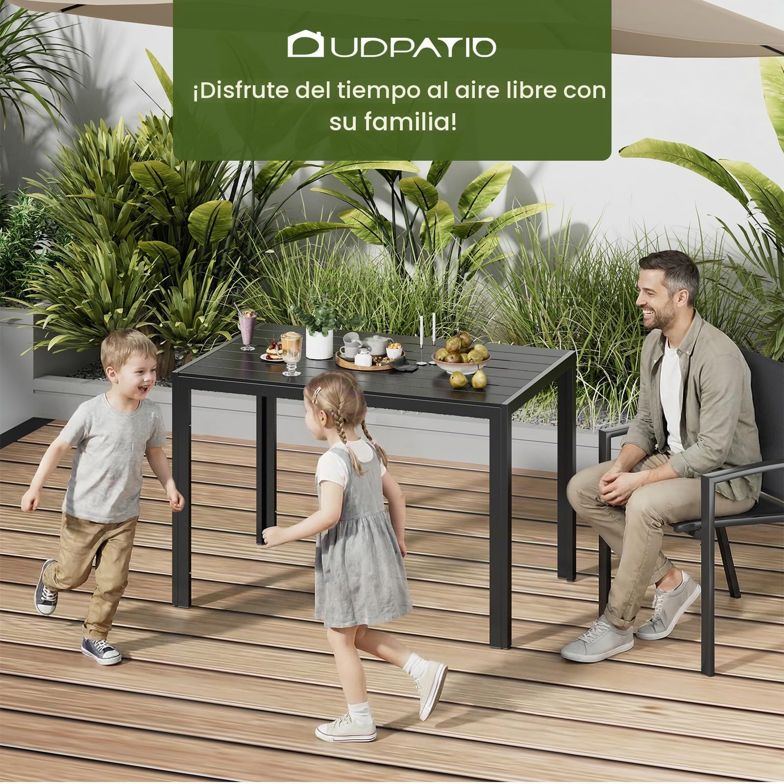UDPATIO Mesa de Comedor de Jardín, 110x70x74 cm Mesa de Jardín de Aluminio, Mesa Rectangular de WPC con Vetas de Madera, Resistente a la Intemperie para Terraza y Balcón - Gris Oscuro+ Negro