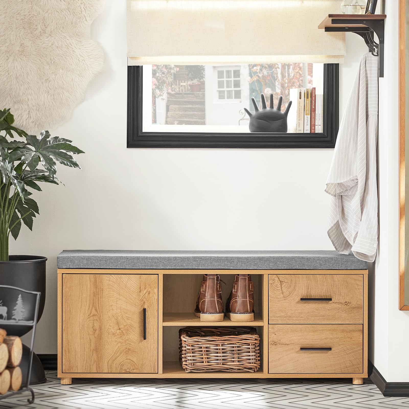 SoBuy Banco Zapatero Banco de Almacenamiento con 1 Puerta 2 Cajones y 2 Estantes Abiertos 110 x 35 x 47 cm FSR148-N ES
