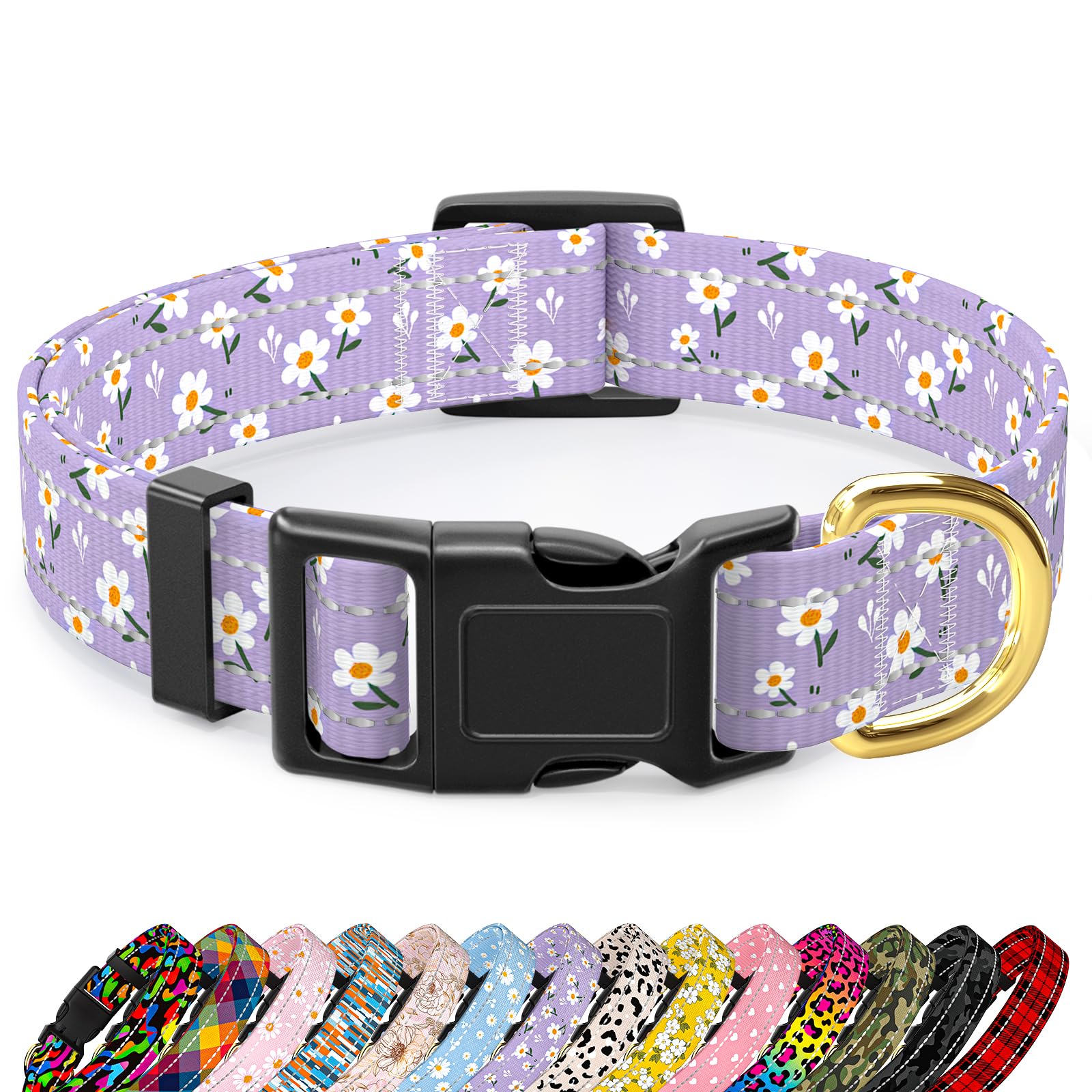 TMOODEL Reflective Nylon Dog Collar for Large Dogs, Purple White Flower, L