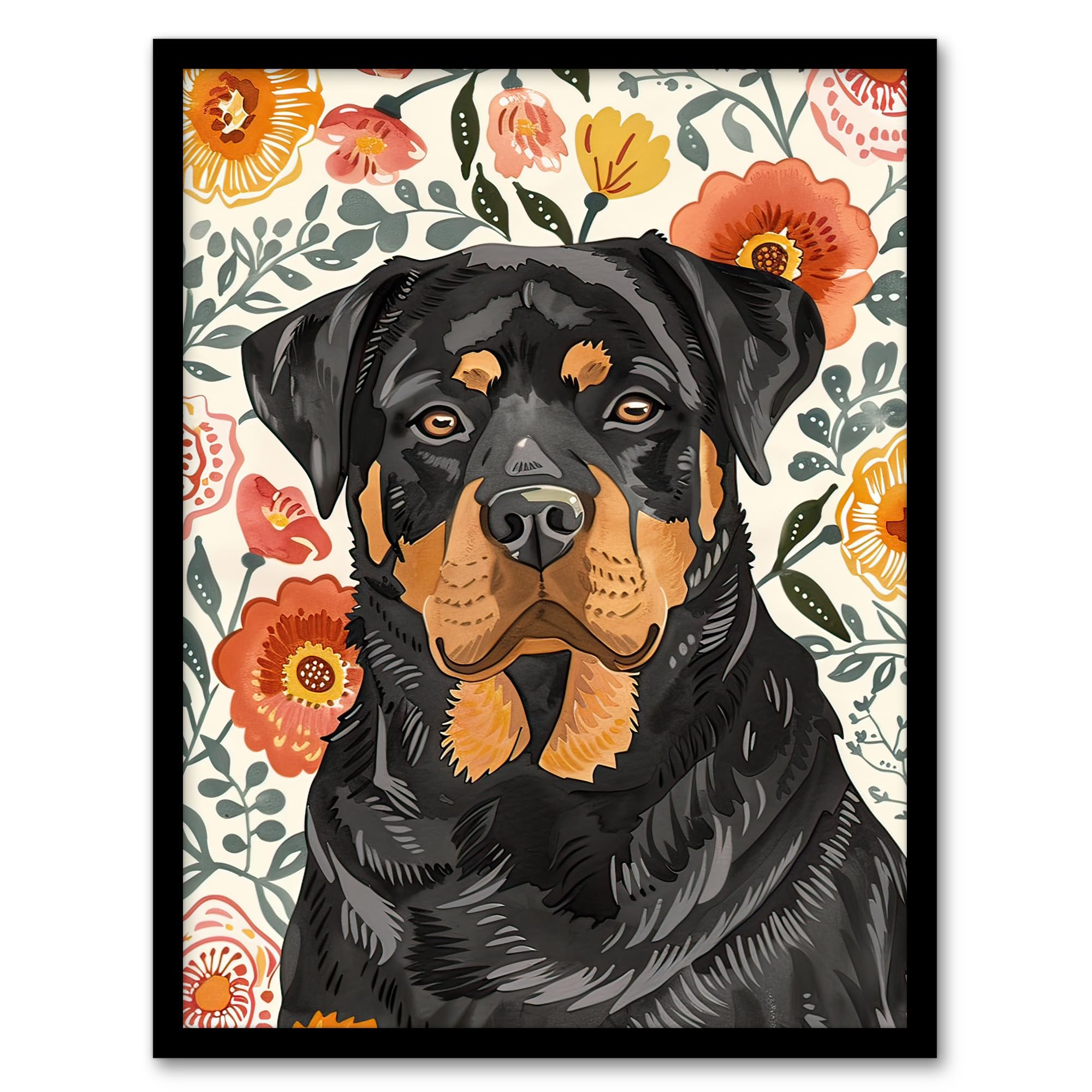 Artery8 Rottweiler Dog Lover Bright Floral Pet Portrait Living Room Artwork Framed Wall Art Print A4