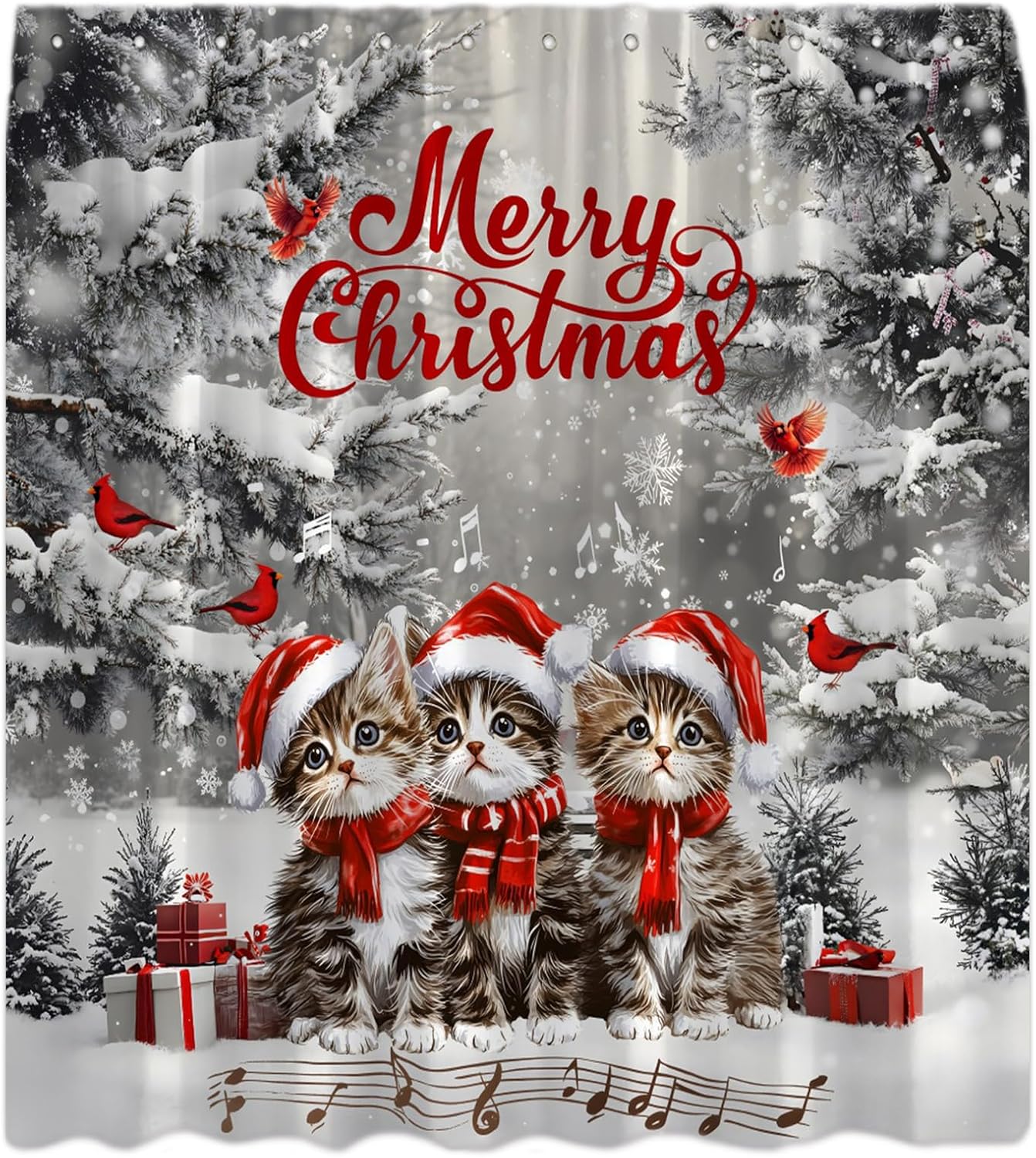 Winter Christmas Cat Shower Curtain Cute Cat Snowflake Scene Pine Tree Covered Snow Farmhouse Xmas Holiday Happy New Year Fabric Bathroom Curtain with Hook