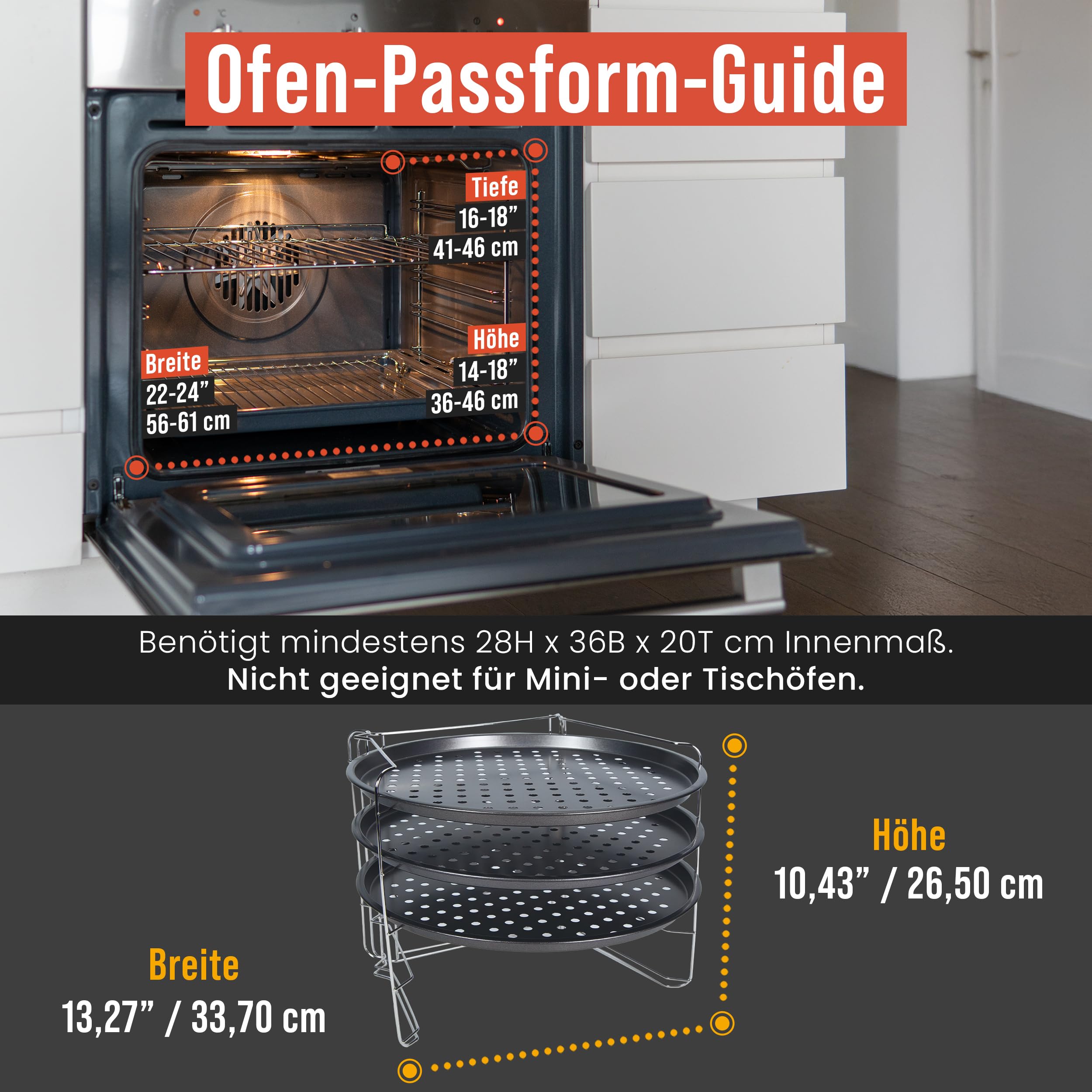 Chef Pomodoro Pizzablech rund 33cm, Pizzaständer für Backofen – klappbares Pizzagestell, 3x gelochte Pizzapfanne, Pizza Stahl, stabiles Pizza Backset für Ofen