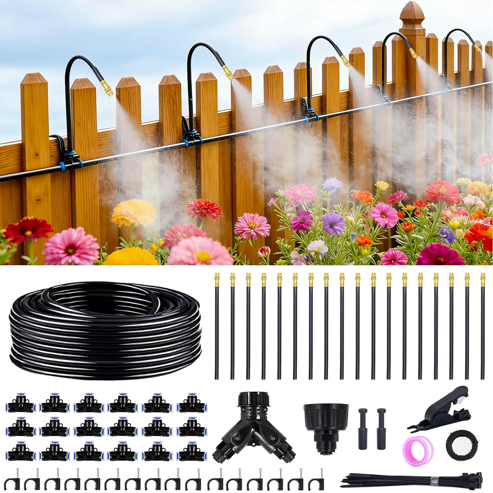 100FT 360° Adjustable Drip Irrigation Kit – 1/4" Tubing with 18 Nozzles, Full-Circle Spray for Greenhouse, Vegetable Garden & Potted Plants, Water-Saving DIY Irrigation System