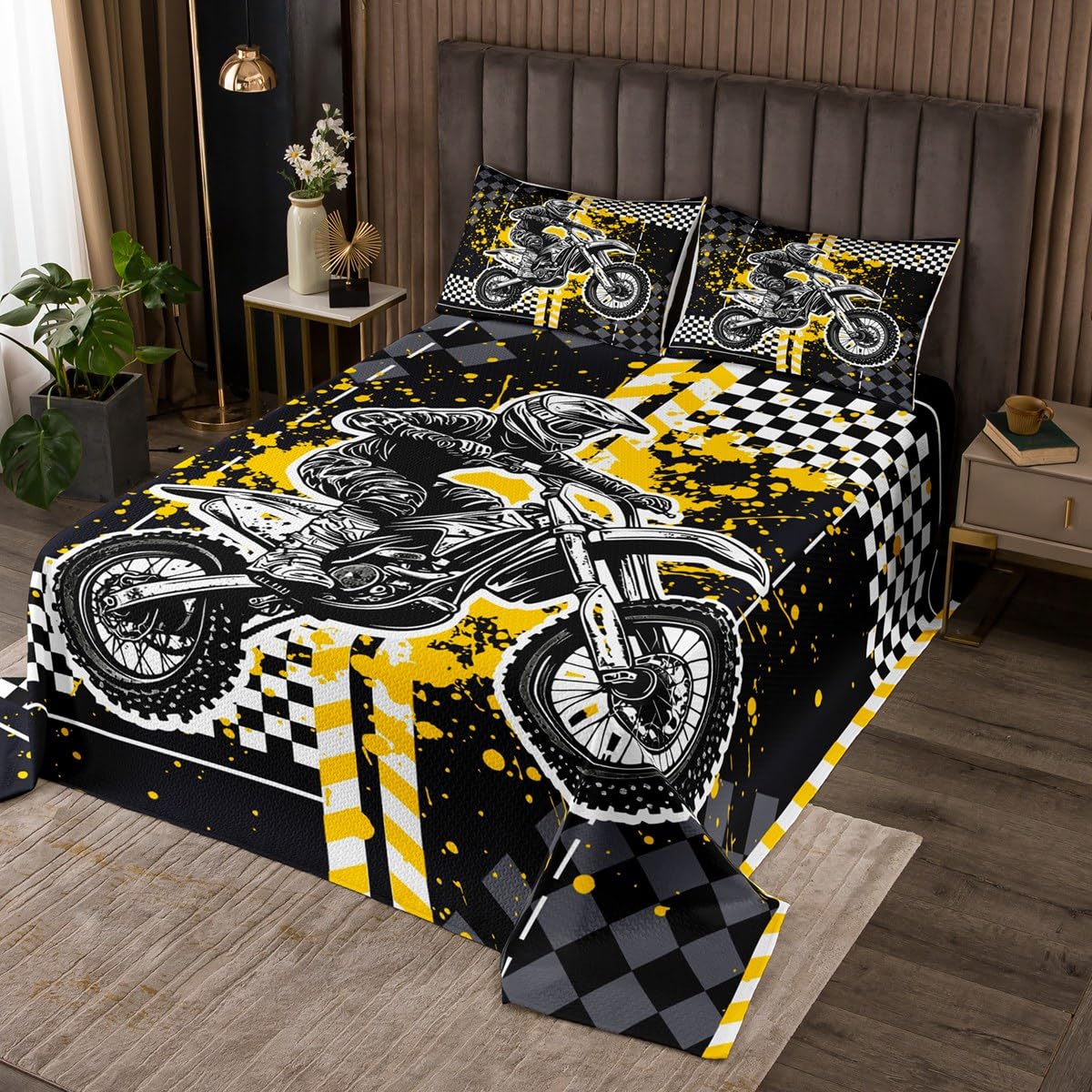 Feelyou Kids Dirt Bike Coverlet Set Queen Size, Motocross Bedspread Racing Motorcycle Quilted Coverlet Boys Girls Teens Bedroom Decor with 2 Pillow Case