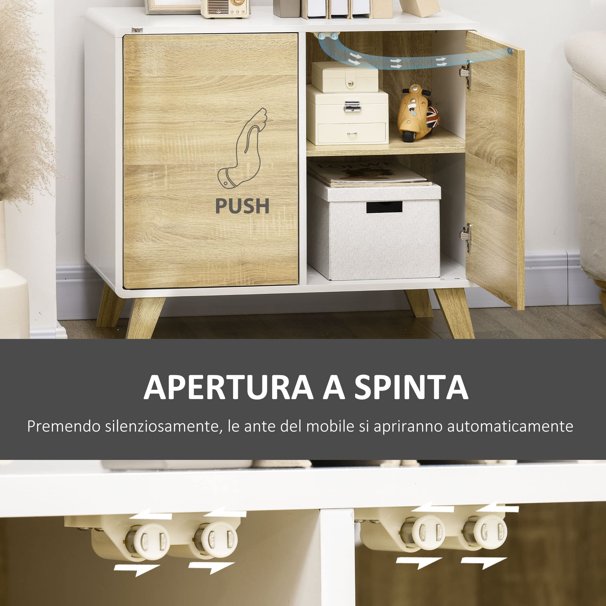HOMCOM Mobile Multiuso con 2 Ante, Mobile Multiuso con Ante a Pressione e Mensole Regolabili, Mobiletto Salotto e Camera in Legno, 80x40x70cm, Bianco e Quercia