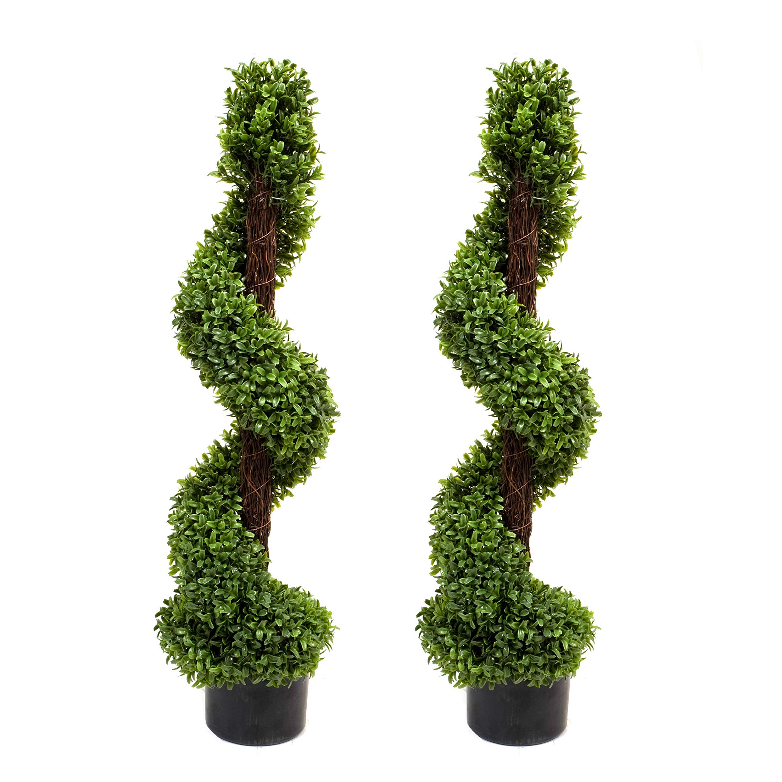 GreenBrokers 2 x Artificial Topiary Boxwood Spiral Trees in Black Plastic Pot for Indoor Outdoor Decor, UV Stable (3ft/90cm)
