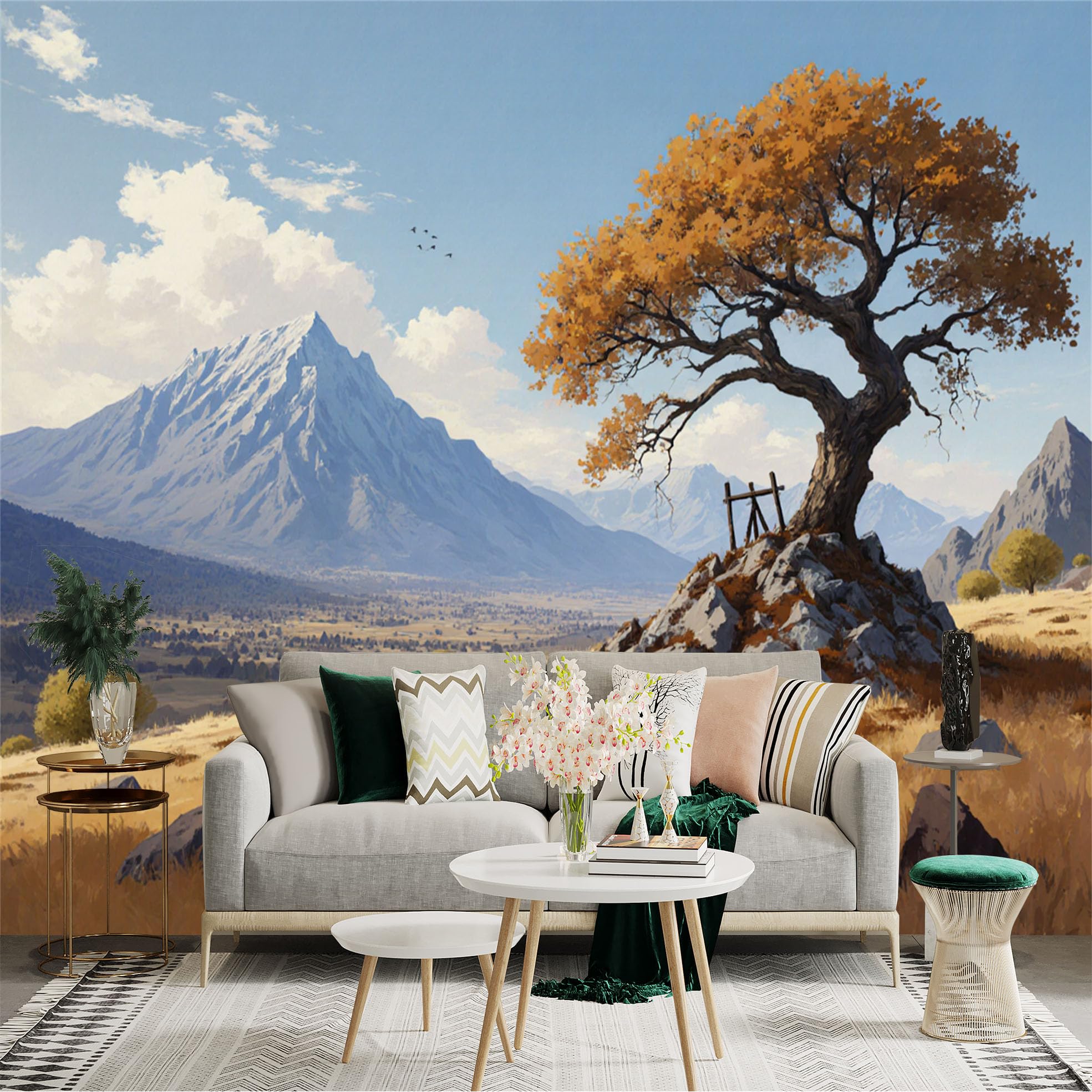 Lnzczhyre Xc260505028 Custom Size Wall Sticker Mural， Golden Autumn Tree On Rocky Hill， Majestic Snowy Mountains， Peaceful Rural Meadow Landscape， For Wall Decoration， Peelandstick Wall Decals.