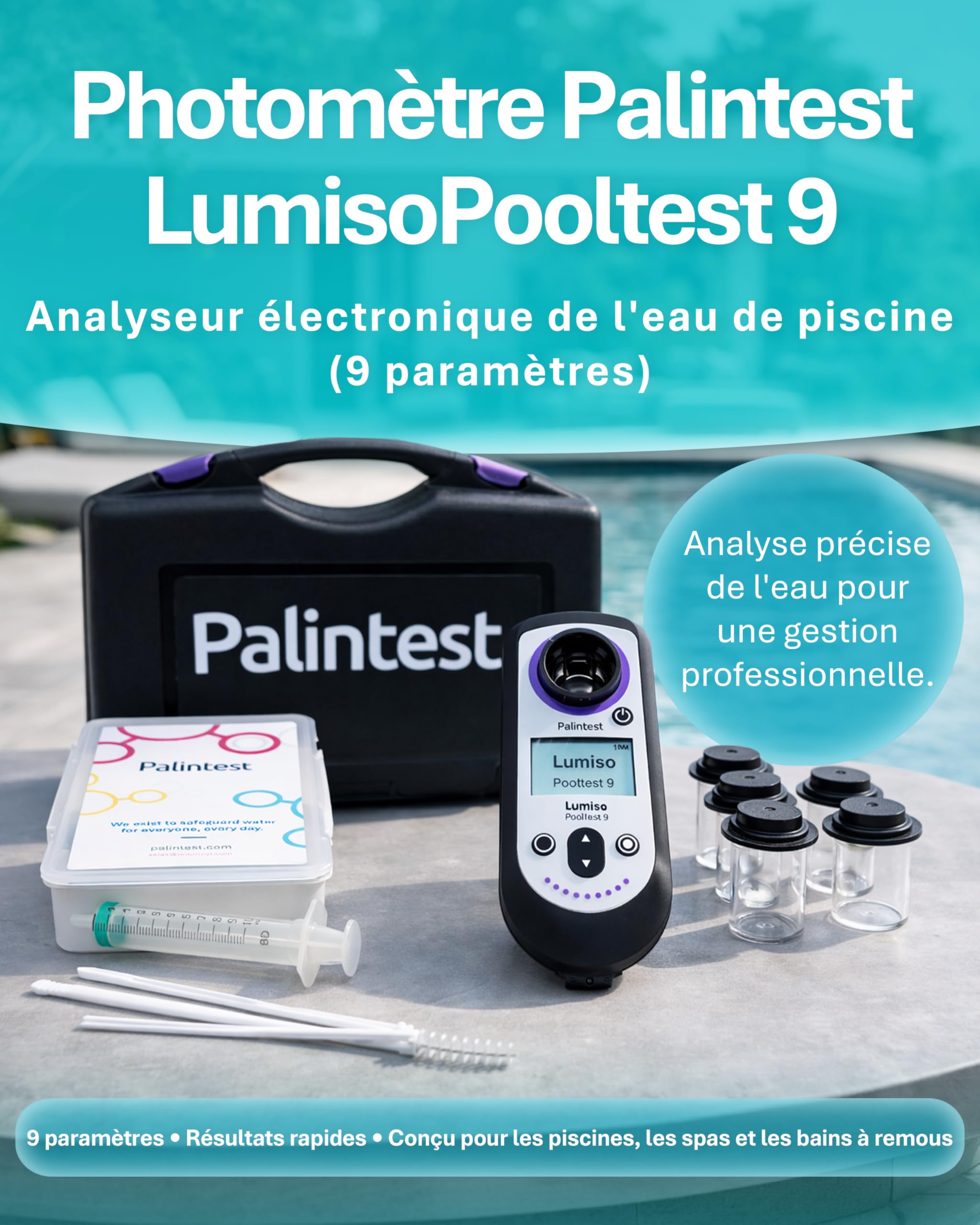 Palintest Lumiso Pooltest 9 Photomètre – Analyseur d'eau de piscine électronique 9 paramètres | Testeur électronique piscine pour mesure du pH et chlore, alcalinité et analyse professionnelle