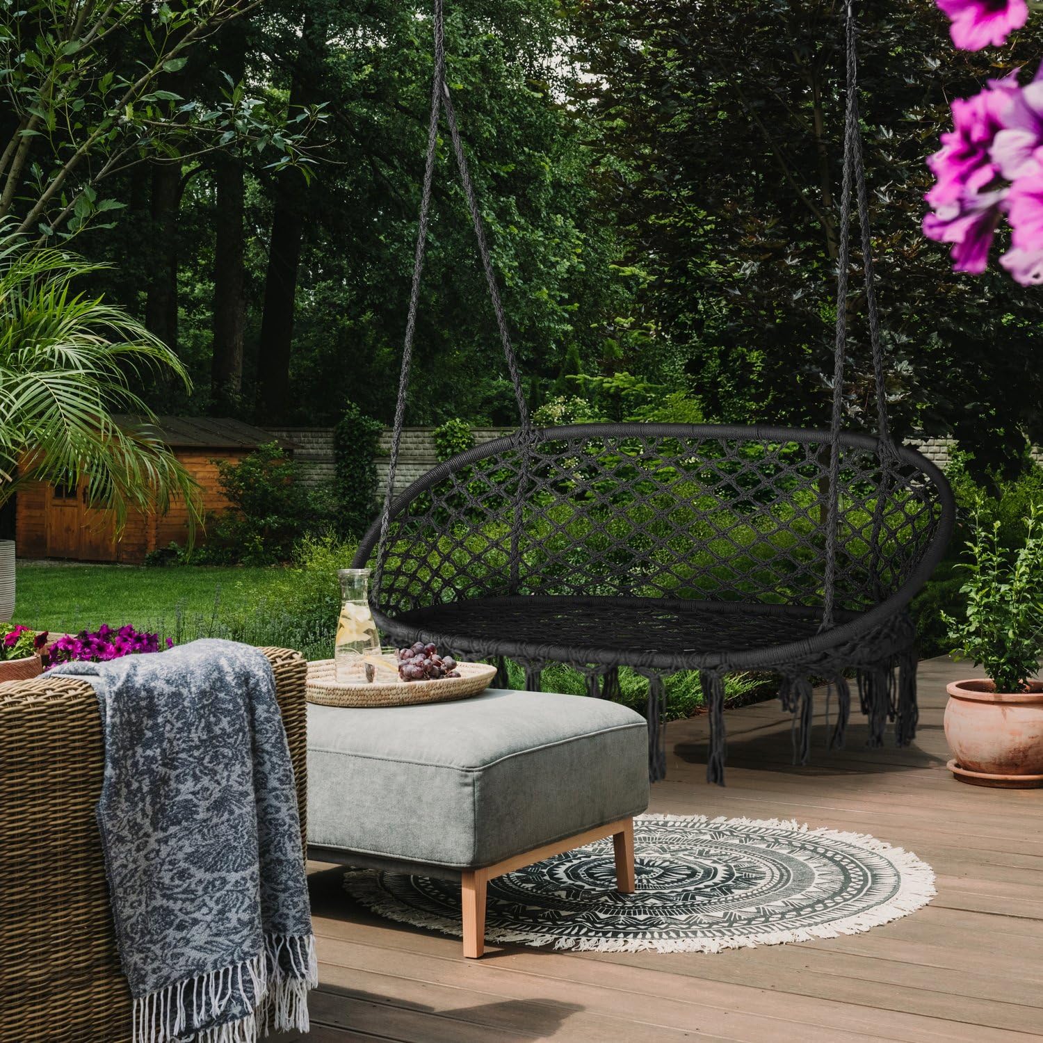 Sedia Sospesa Doppia Stile Boho 130×75 cm – Capacità 200 kg, Telaio Metallico, 4 Corde con Anelli, Interno/Esterno, Frange, Bianca, Balcone Giardino Poltrona Sospesa