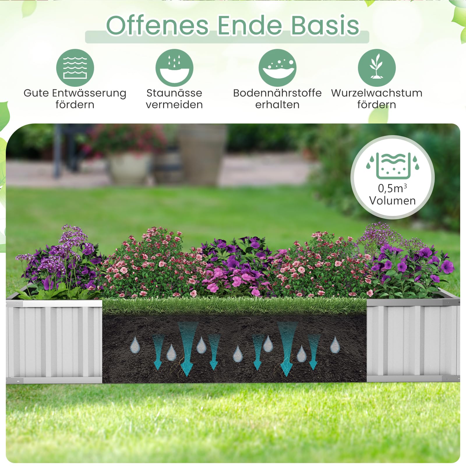 GOPLUS Verhoogde bloembak, tuinbed met 2 zijplanken, verhoogde bloembak met vliesstof en afvoergaten, plantenbak van dennenhout voor terras en patio, 132 x 76 x 75 cm, naturel