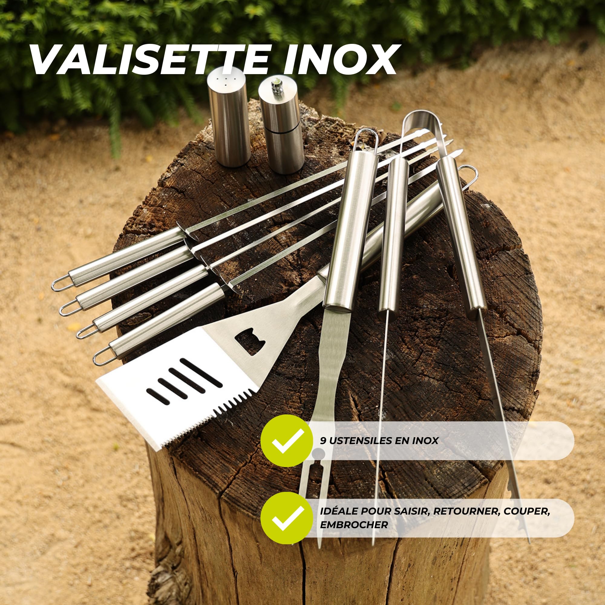 Cook’in Garden - Ensemble Complet d’Ustensiles Inox pour Barbecue et Plancha, Set avec Spatule, Pince, Fourchette, 4 Pics, Salière et Poivrière, Accessoires Cuisine Extérieure Terrasse Jardin