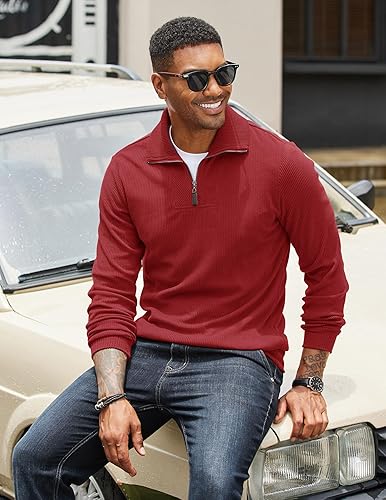 Miniatura 3 de COOFANDY Suéter de manga larga con cremallera de un cuarto para hombre, cuello alto falso, sudadera tipo polo de pana casual