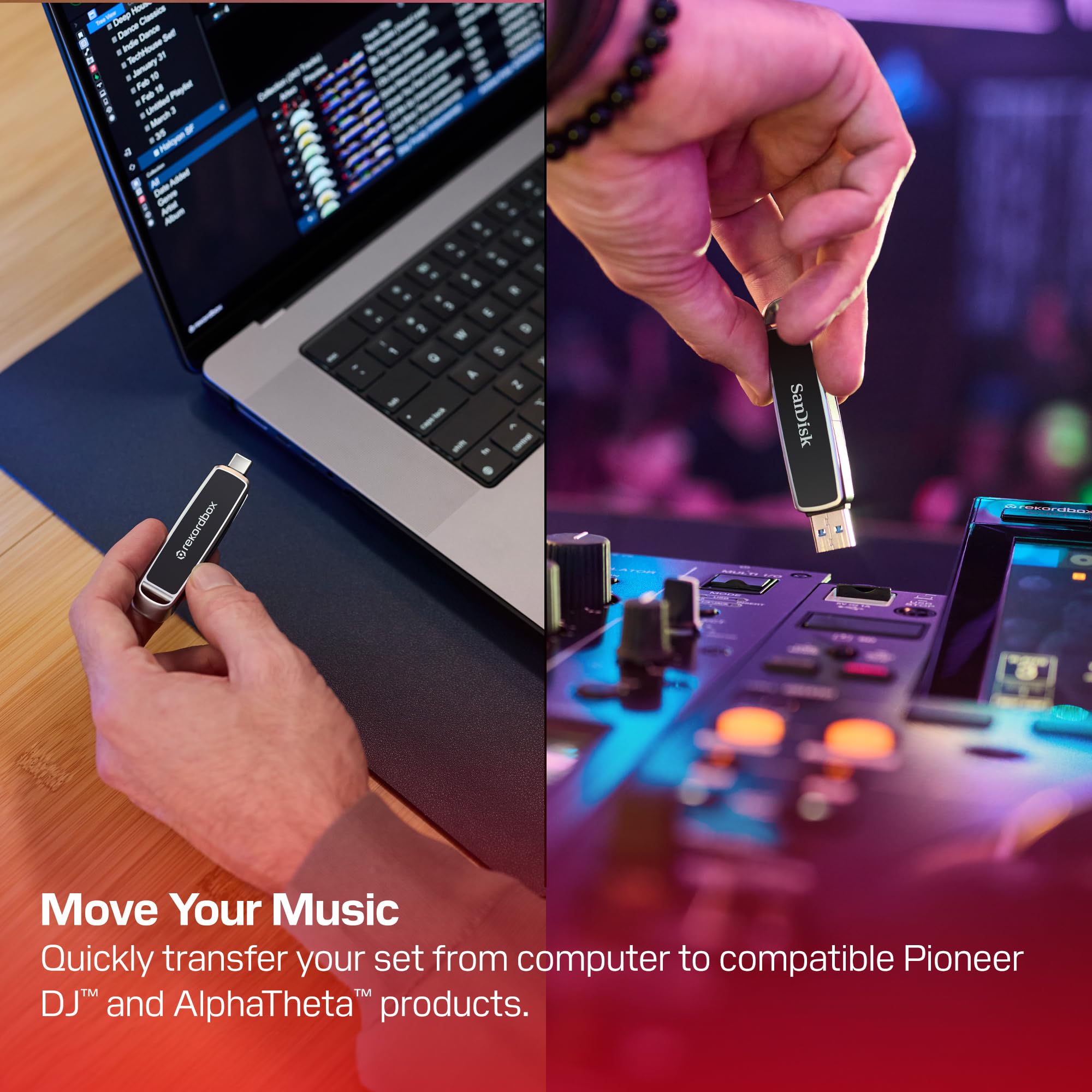 SanDisk DJ Unidad Flash 512GB (Pioneer DJ y AlphaTheta Compatible, Dos Conectores con USB-A y USB-C de Alto Rendimiento, hasta 1000 MB/s de Lectura, Tres Meses del Plan Creative de rekordbox)