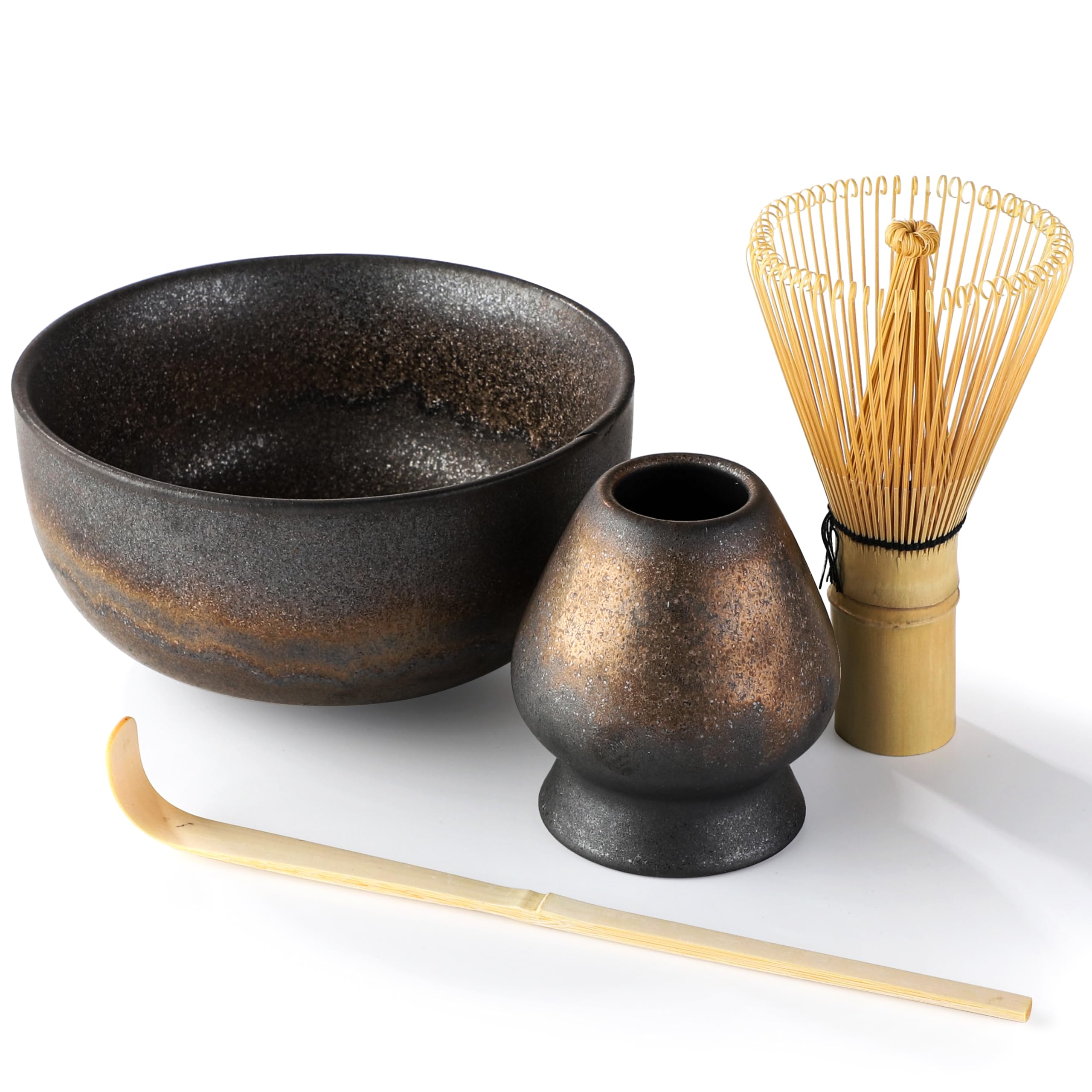 Stoneware Matcha Bowl Set Chasen Whisk Ash Gold Japanese Tea Ceremony