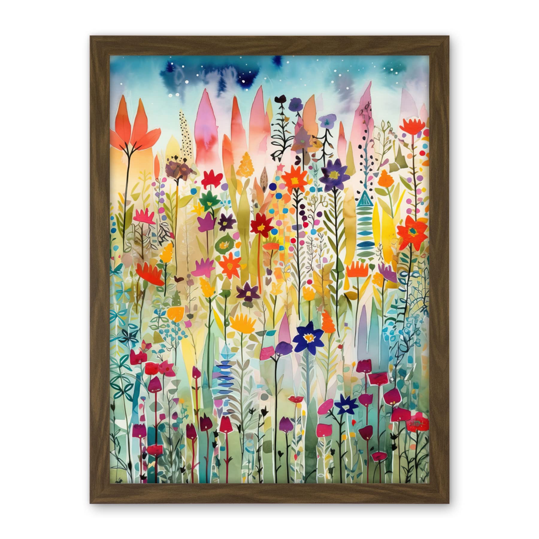 Artery8 Layered Spring Flower Field Folk Art Artwork Framed Wall Art Print 18X24 Inch